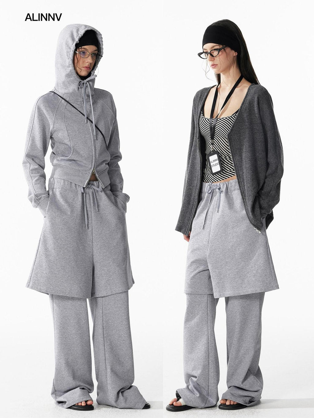ALINNVSTUDIO Cozy Drawstring Layered Faux Two Piece Relaxed Low Rise Teen Casual Sweatpants