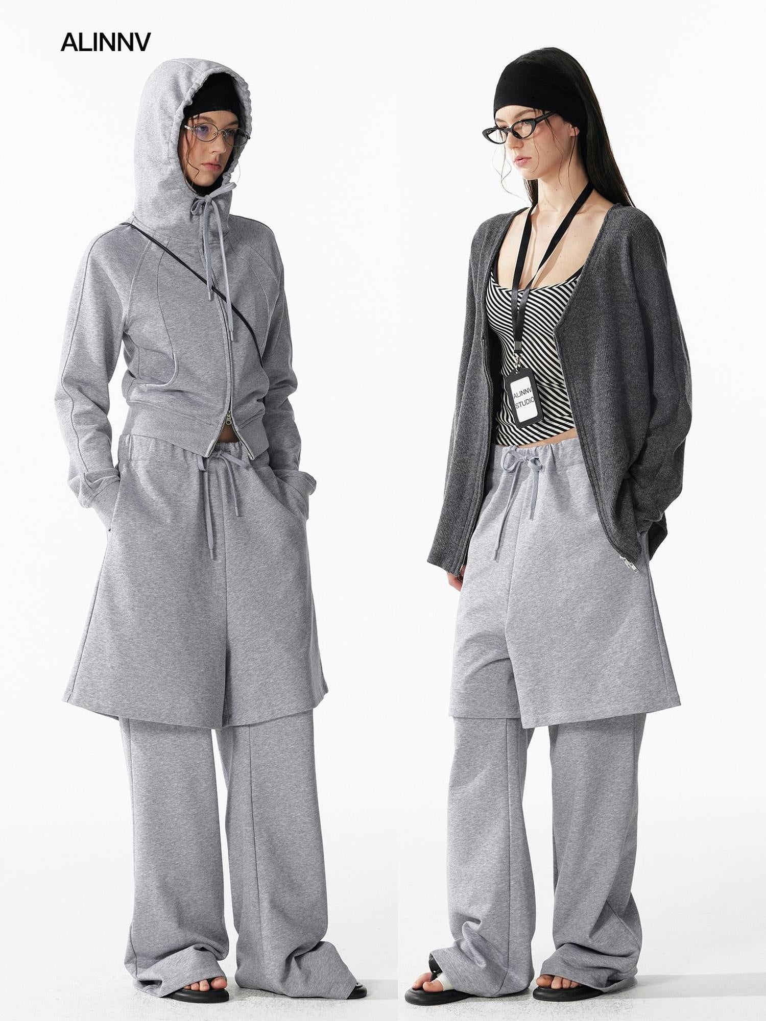 ALINNVSTUDIO Cozy Drawstring Layered Faux Two Piece Relaxed Low Rise Teen Casual Sweatpants