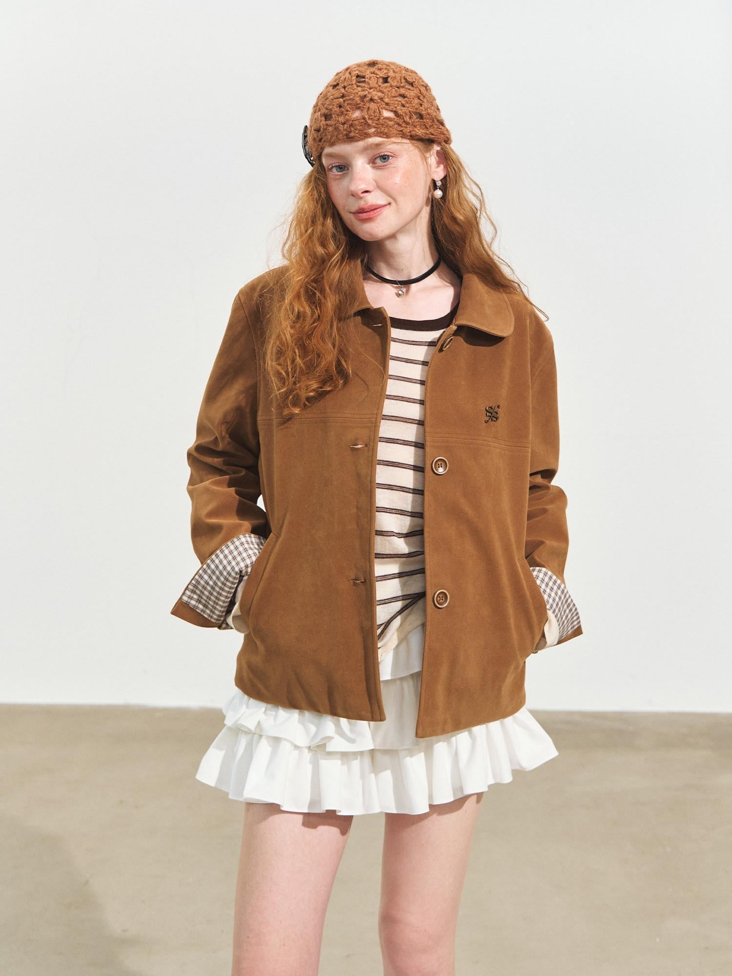 SOMESOWE Pu Leather Casual Loose Doll Collar Flap Pocket Camel Women Leather Jackets