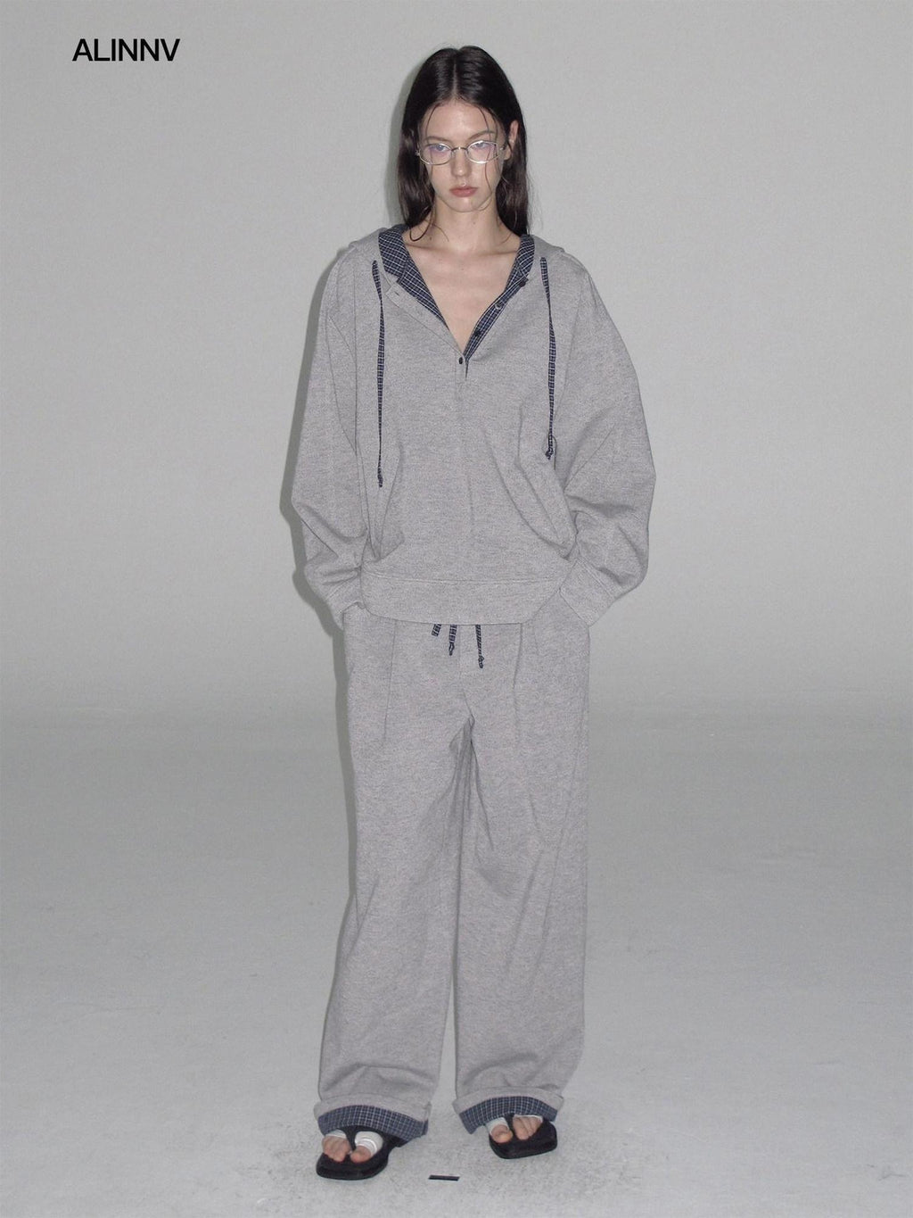 ALINNVSTUDIO Soft Brushed Relaxed Fit Grey Hoodie Jogger Casual Athleisure Top & Pants Sets