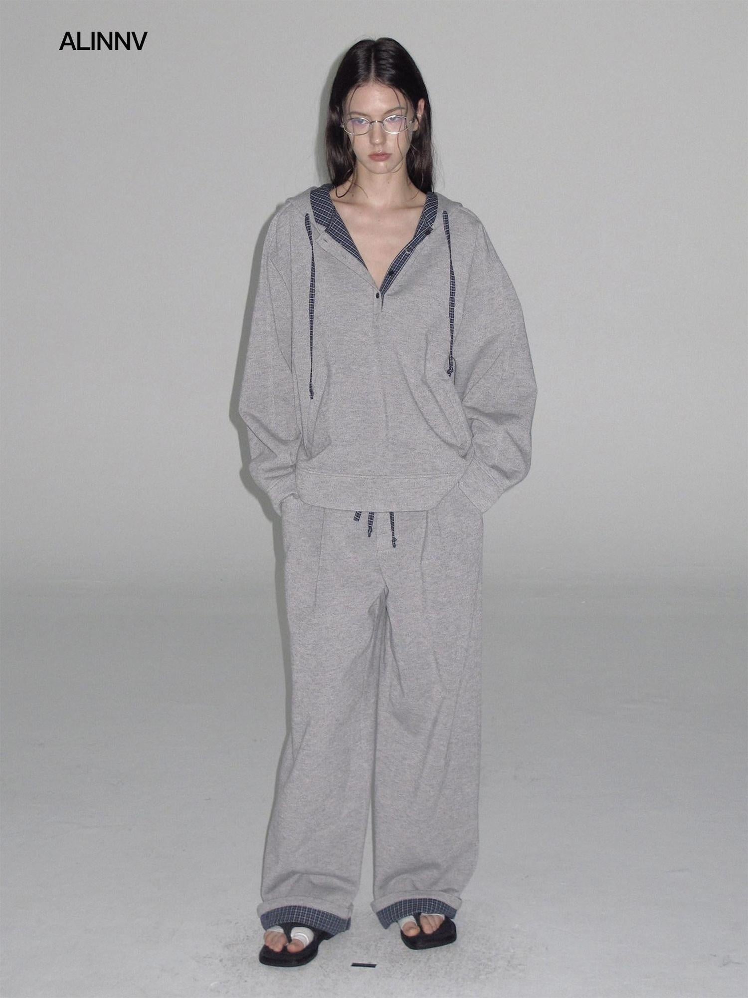 ALINNVSTUDIO Soft Brushed Relaxed Fit Grey Hoodie Jogger Casual Athleisure Top & Pants Sets
