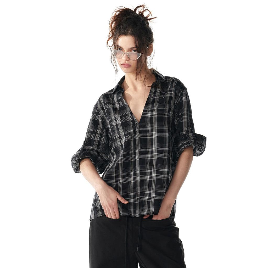 ALINNVSTUDIO_Soft_Lyocell_Cupro_Blend_Oversized_V-neck_Button_Front_Plaid_Casual_Shirts_MISSTT