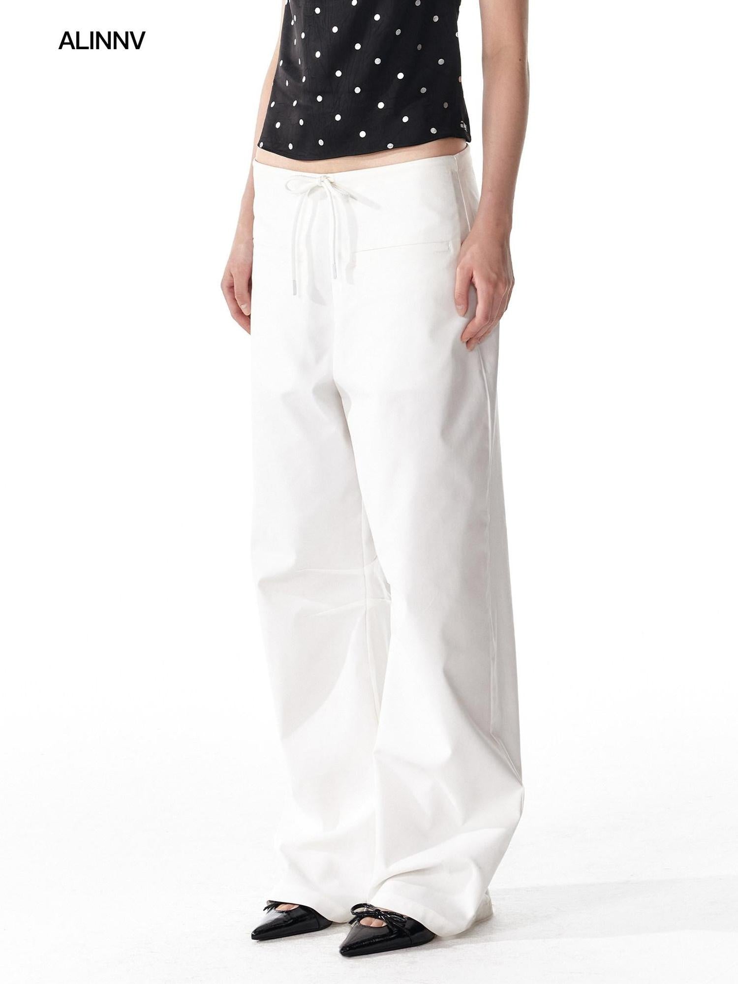 ALINNVSTUDIO Minimalist 100 Percent Polyester Low Waist Zip Fly Loose Wide Leg Pants
