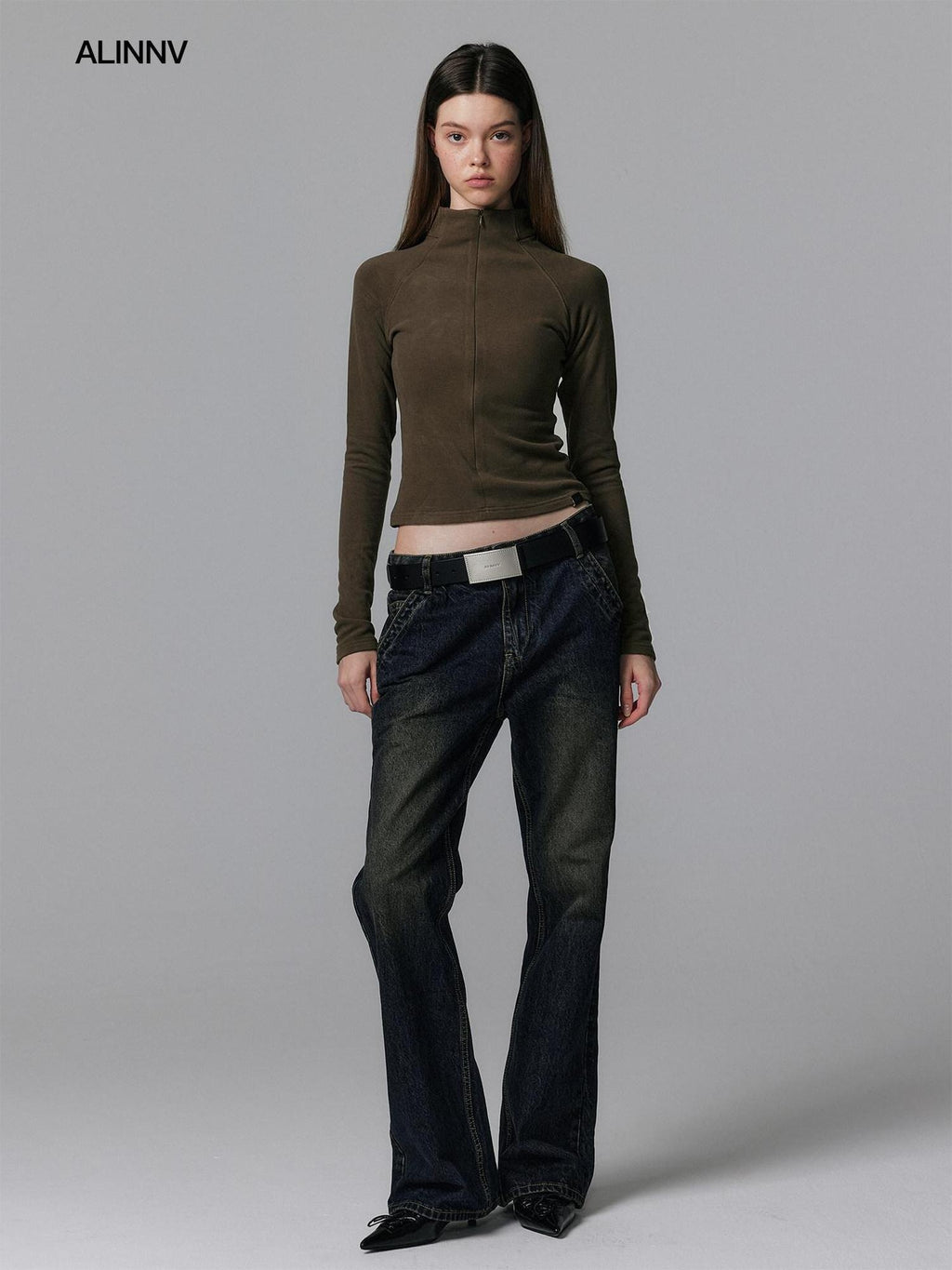 ALINNVSTUDIO Zip Half Collar Slim Commuter Ladies Black Olive Long Sleeve T-Shirts