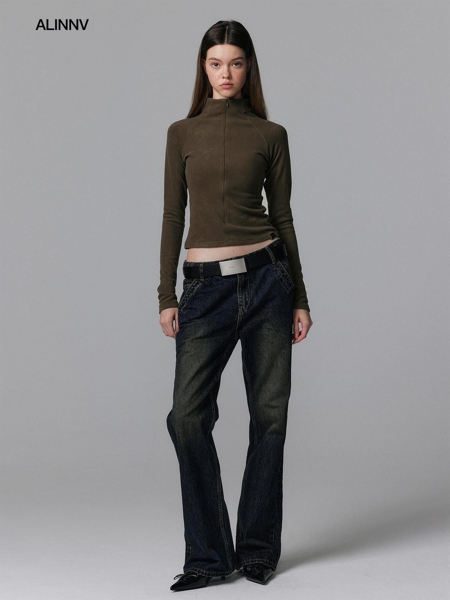 ALINNVSTUDIO Zip Half Collar Slim Commuter Ladies Black Olive Long Sleeve T-Shirts