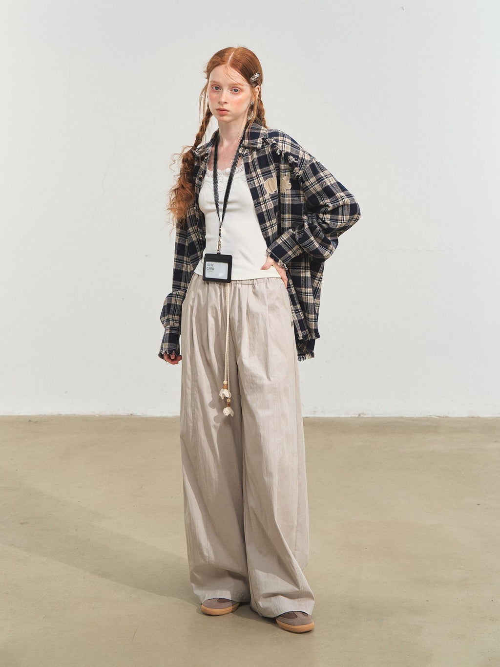 SOMESOWE Original Plaid Pocket Button Natural Waist Cotton Blend Women Wide Leg Pants