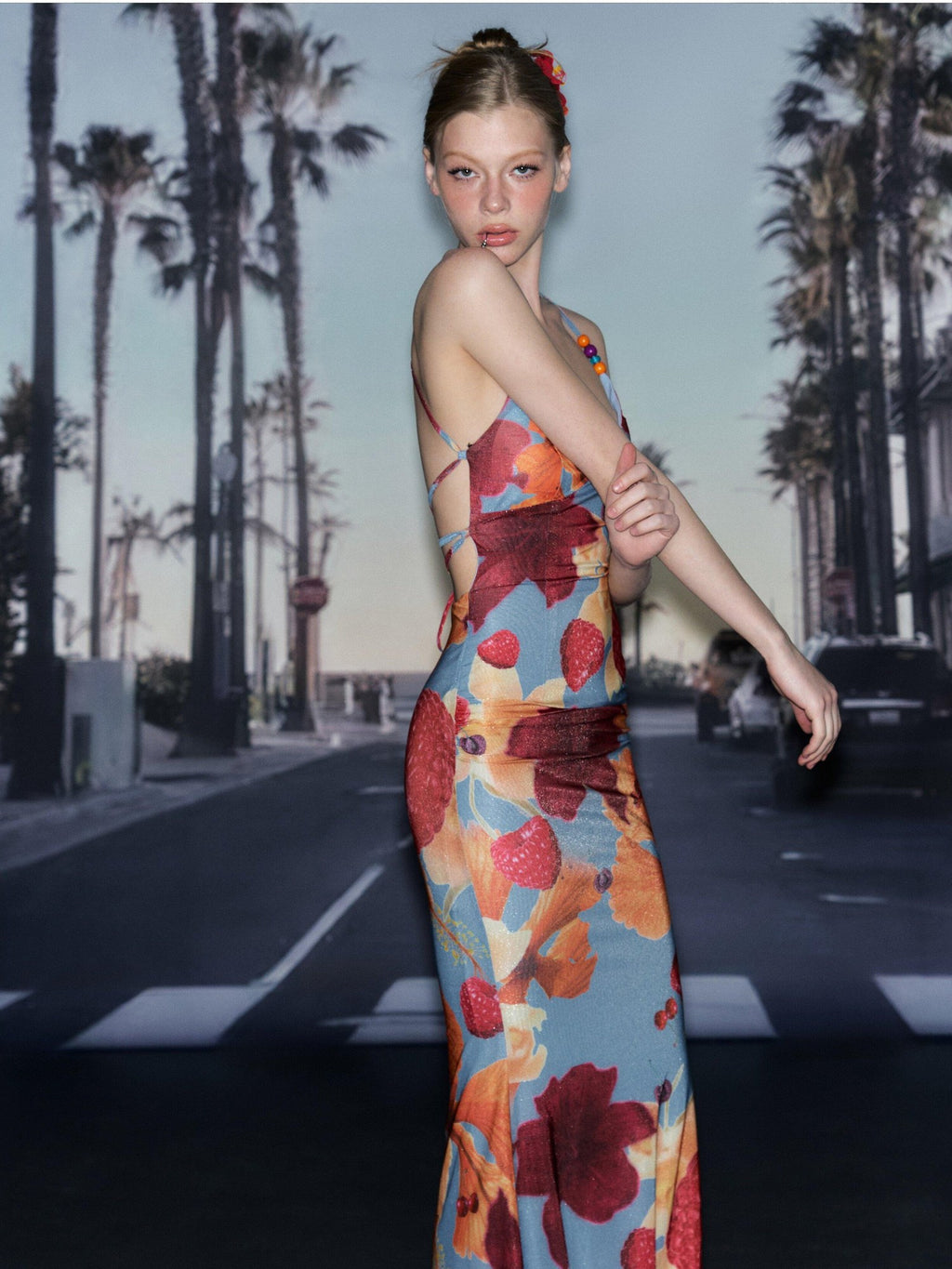 DeleteEx Flattering V-neck Tie Detail Trendy Slim Fit Printed Stretch Women Maxi Dresses