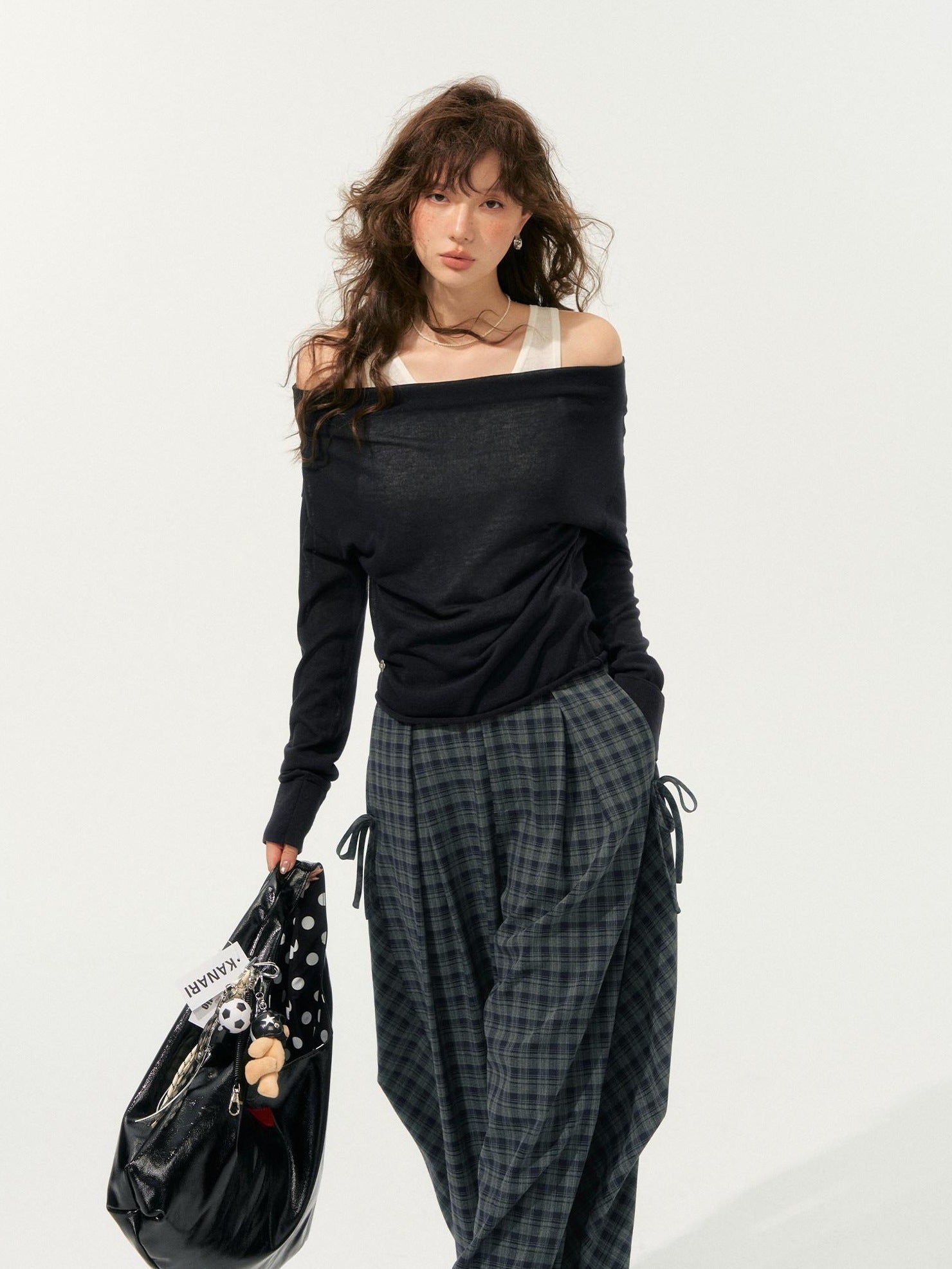 SOMESOWE Plaid Pocket Loose Fit Natural Waist Button Grey Casual Women Wide Leg Pants