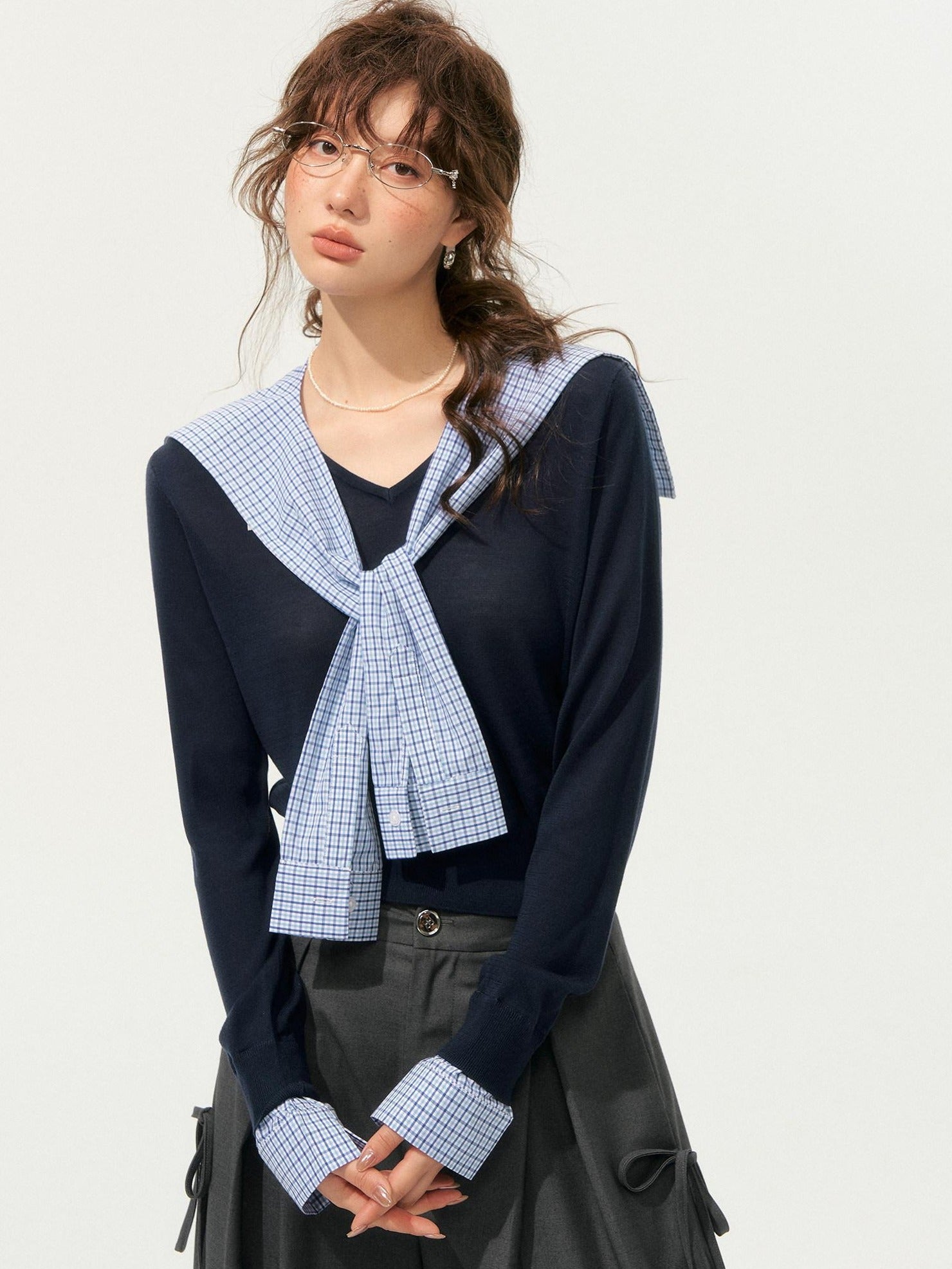 SOMESOWE Lyocell V-neck Colorblock Patchwork Loose Casual Women Long Sleeve T-Shirts
