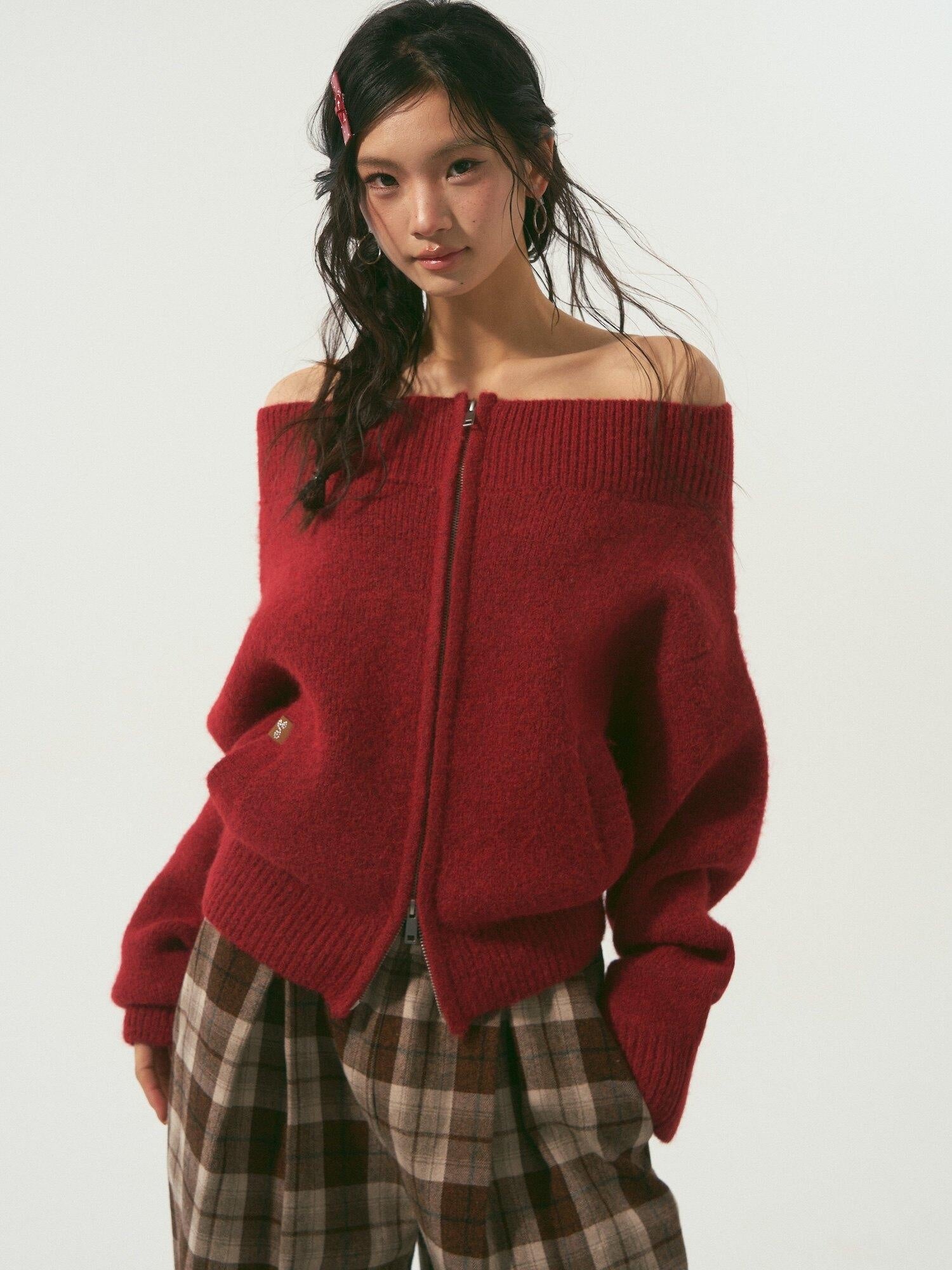 SOMESOWE Volcanic Red Knit Zipper One Shoulder Casual Regular Fit Women Daily Cardigans