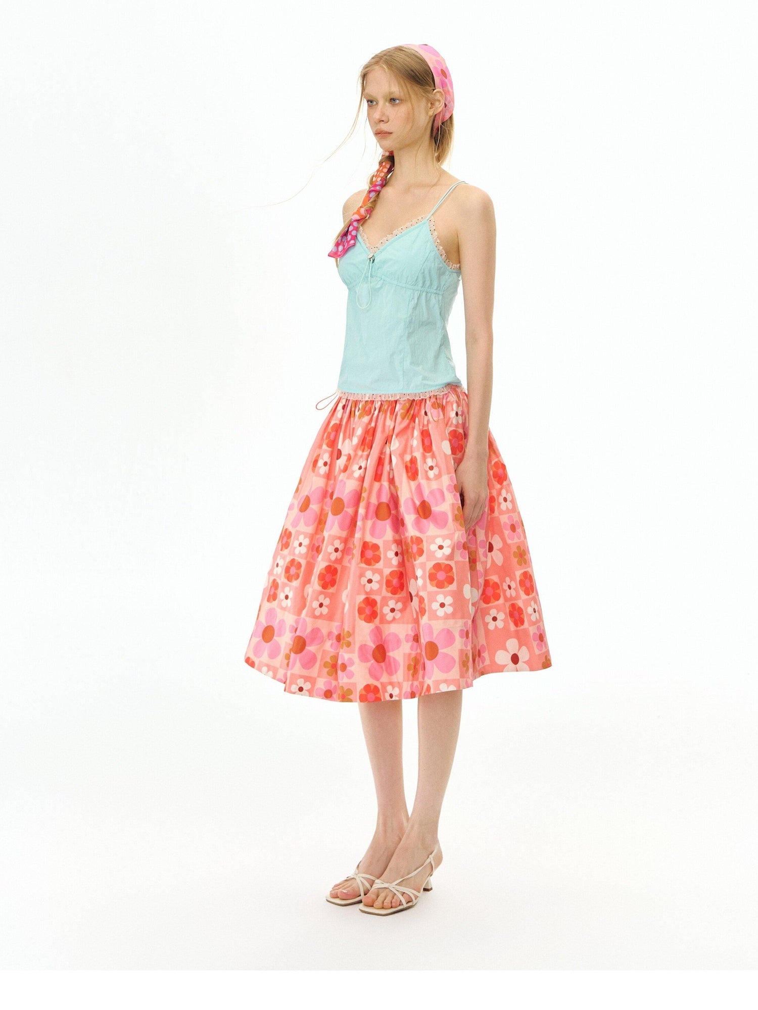 DeleteEx Flattering High Waist A Line Orange Red Floral Polyester Women Midi Skirts