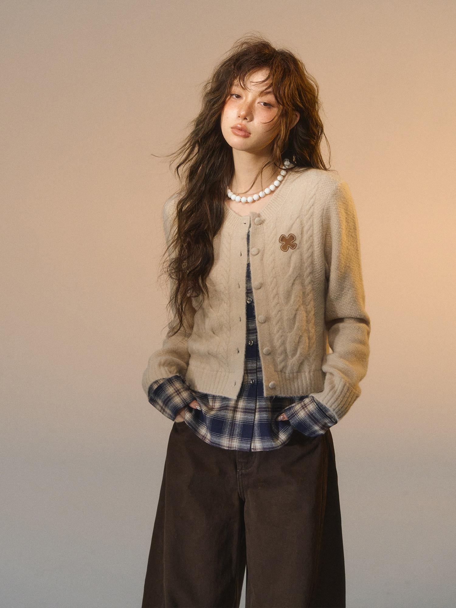 SOMESOWE Faux Two Piece Colorblock Button Round Neck Casual Women Cardigans