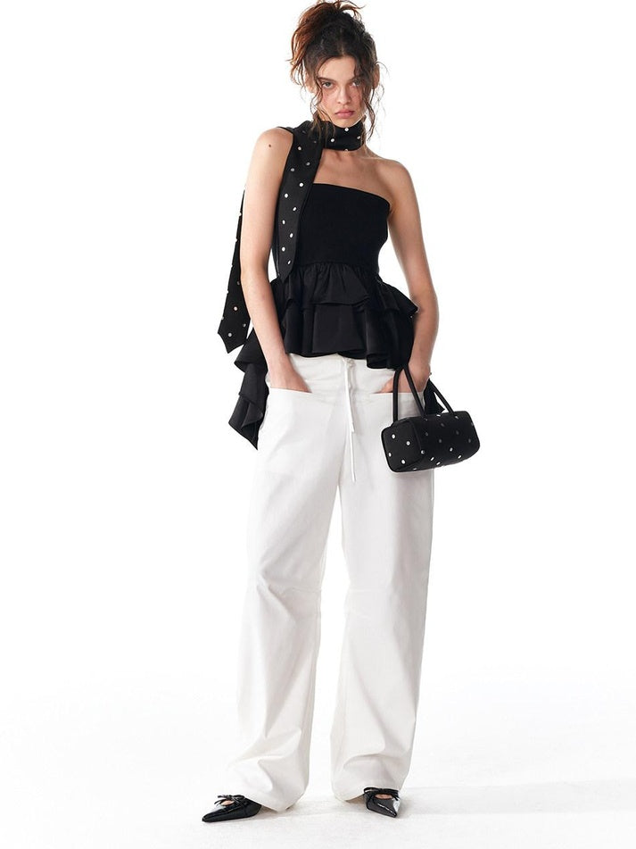 ALINNVSTUDIO Minimalist 100 Percent Polyester Low Waist Zip Fly Loose Wide Leg Pants