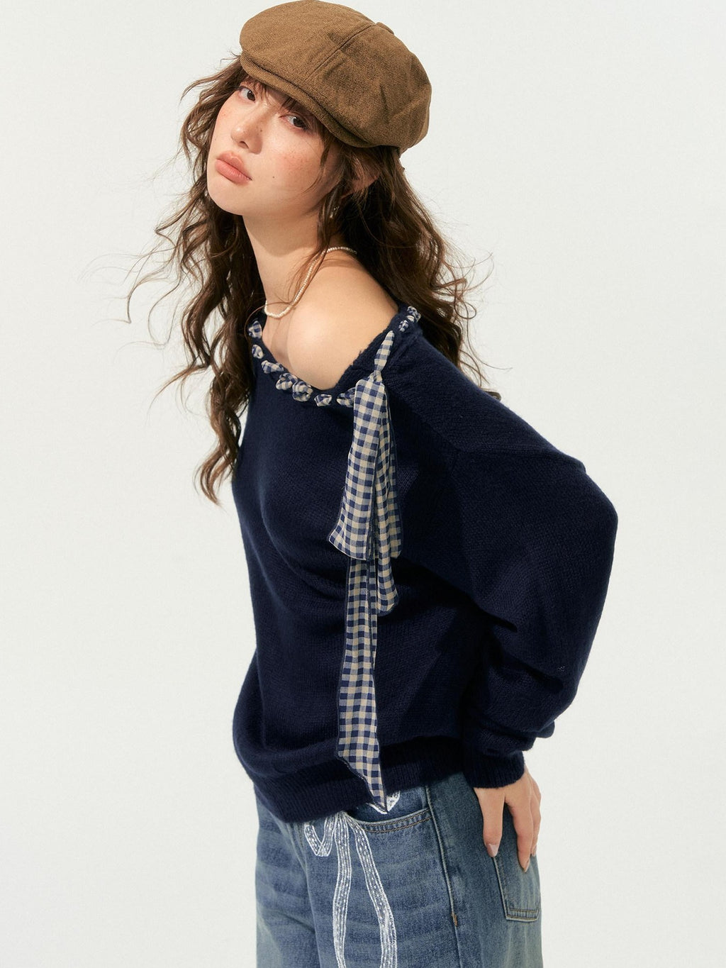SOMESOWE Acrylic Plaid Drawstring Bow Casual Loose Fit Crew Neck Women Daily Sweaters