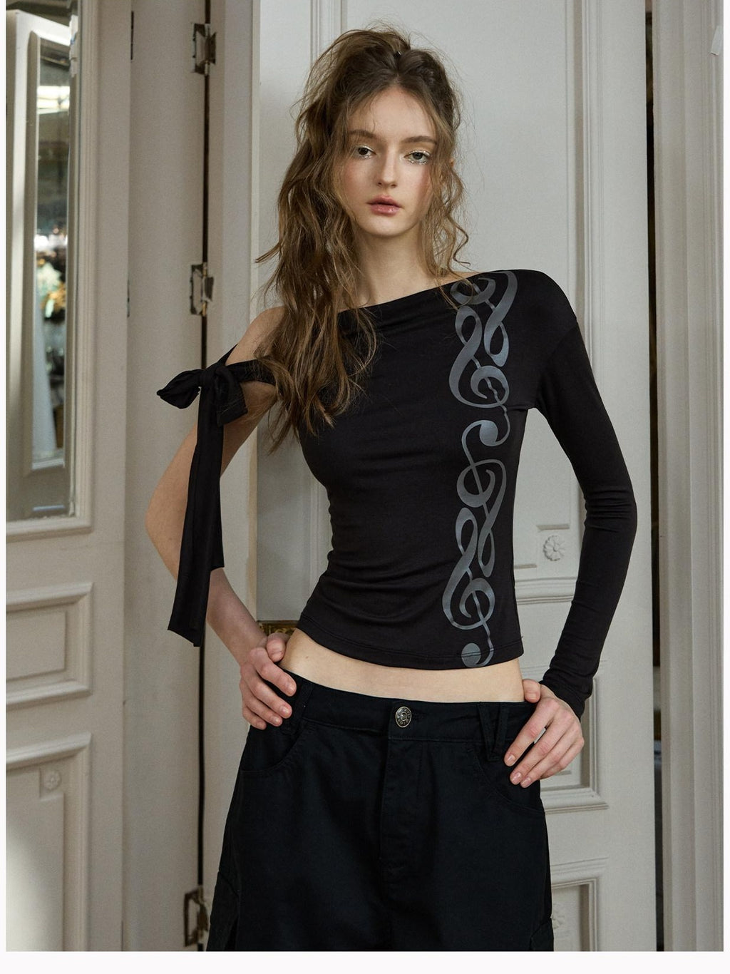 DeleteEx Waist Cinch Tie Casual Asymmetric Women Brown Black Rhapsody Long Sleeve T-Shirts