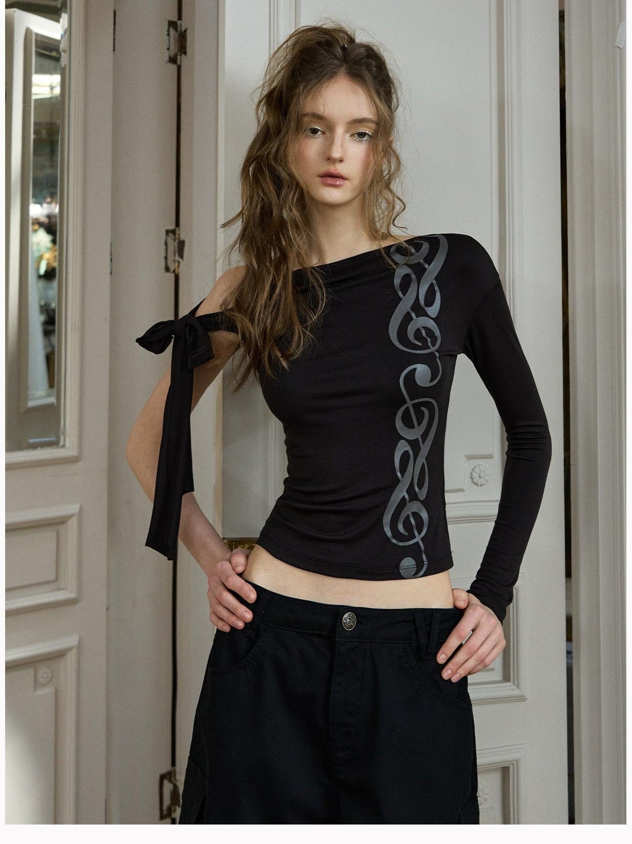 DeleteEx Waist Cinch Tie Casual Asymmetric Women Brown Black Rhapsody Long Sleeve T-Shirts