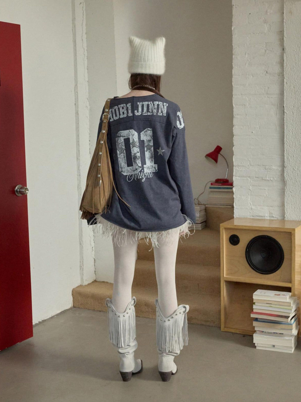 1JINN STUDIO Cotton Blend Printed American Relaxed Long Sleeve Mud Dyed Oversized T-Shirts