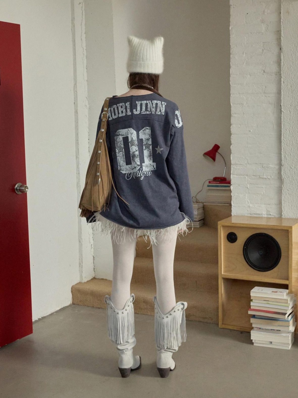 1JINN STUDIO Cotton Blend Printed American Relaxed Long Sleeve Mud Dyed Oversized T-Shirts