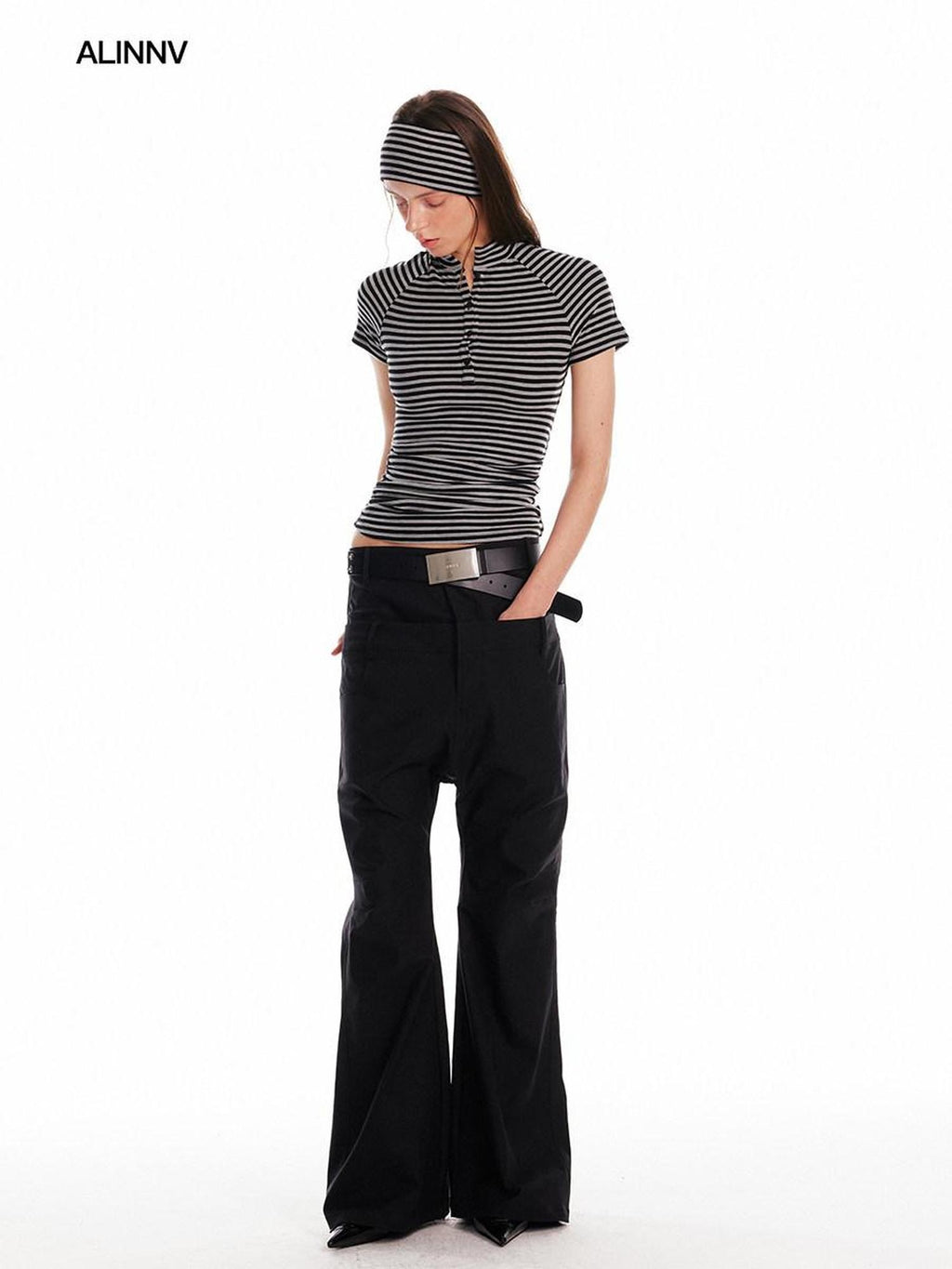ALINNVSTUDIO Creative Patchwork Slim Fit Cropped Crewneck Striped Gray Short Sleeve T-Shirts