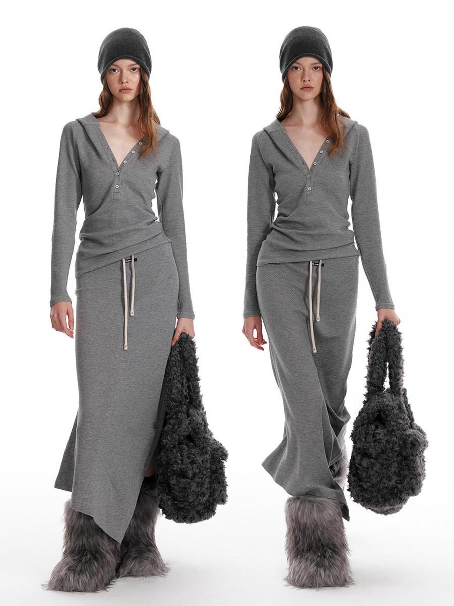 ALINNVSTUDIO Cozy Hooded Long Sleeve Button Front Curved Hem Youth Gray Top & Skirt Sets