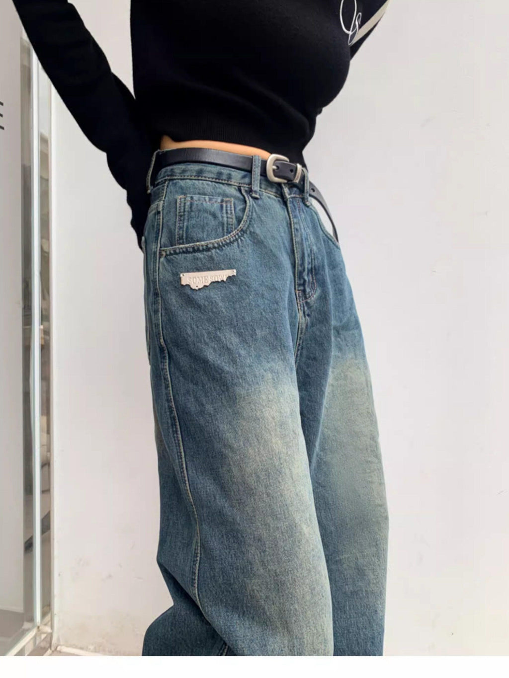 SOMESOWE Cotton Slight Stretch Unisex Loose Natural Waist Washed Blue Wide Leg Jeans