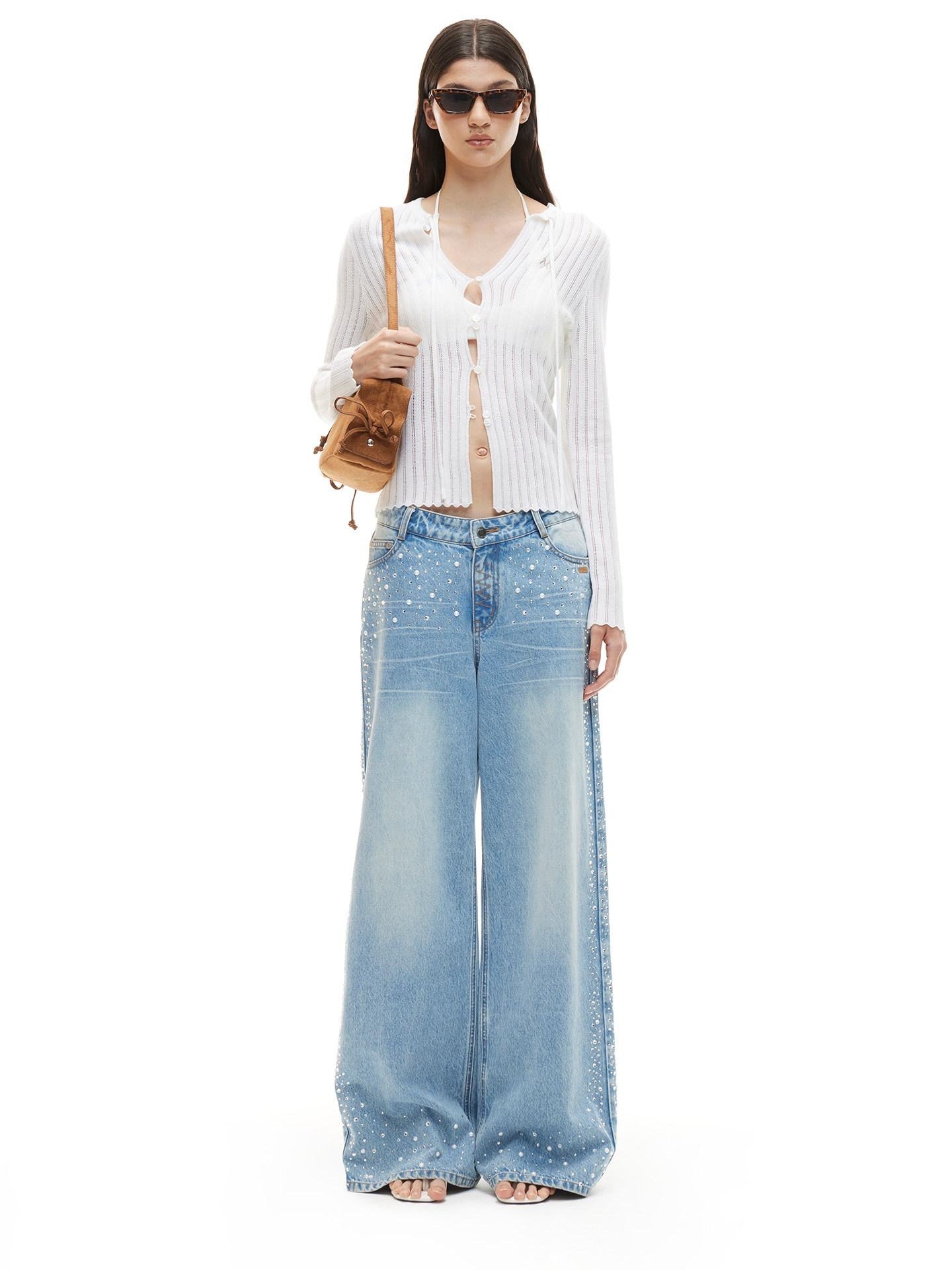 NAWSNOTAWEAR Rhinestone Embellished Vintage Low Waist Glacier Blue Wide Leg Jeans