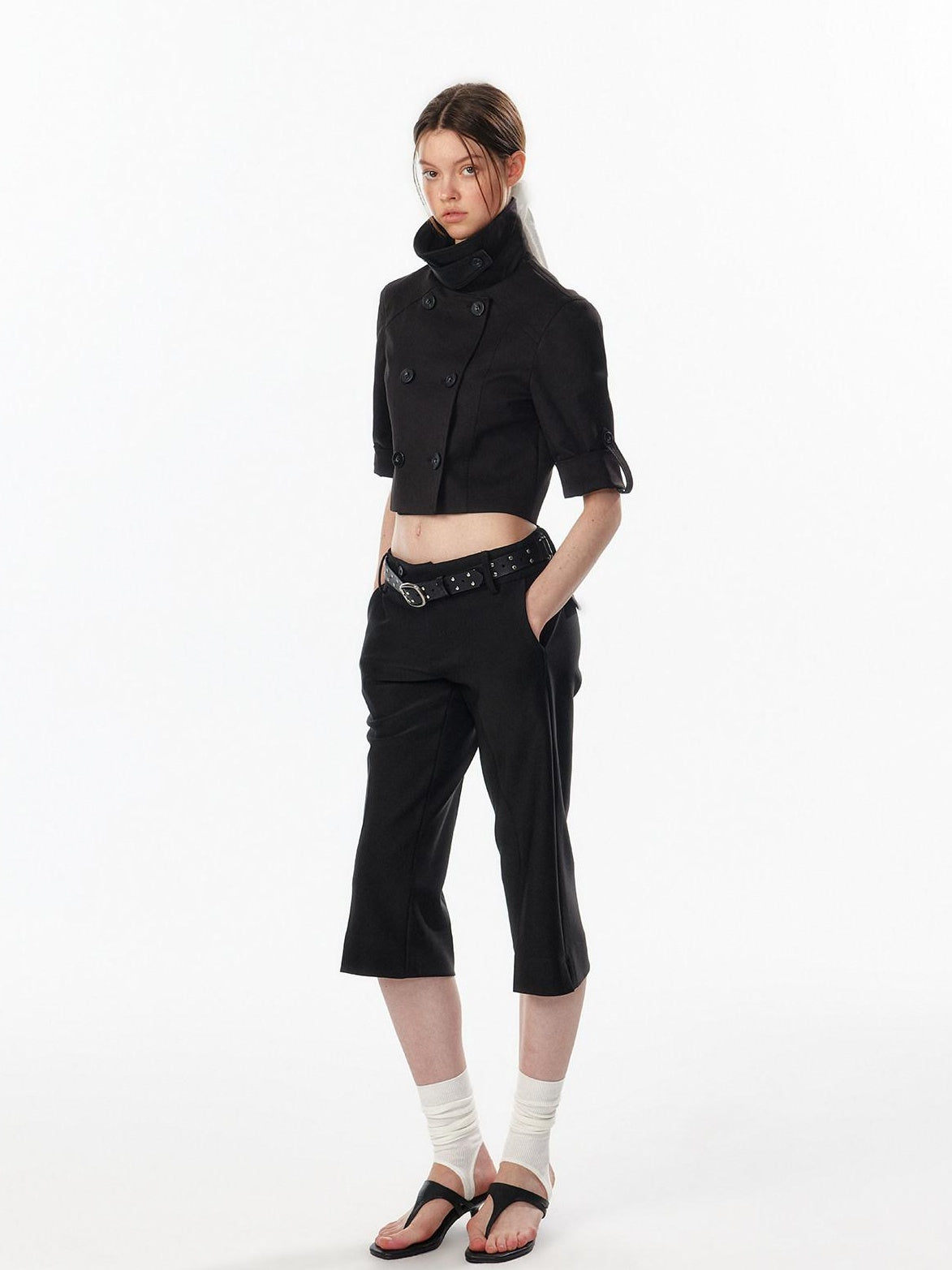 ALINNVSTUDIO Casual High Waist Double Breasted Cropped Black Cotton Blend Women Trench Coats