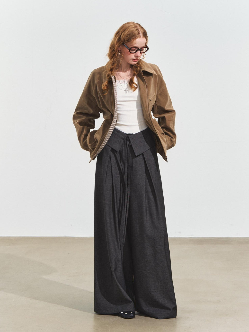 SOMESOWE Original Plaid Pocket Natural Waist Loose Women Casual Gray Straight Pants
