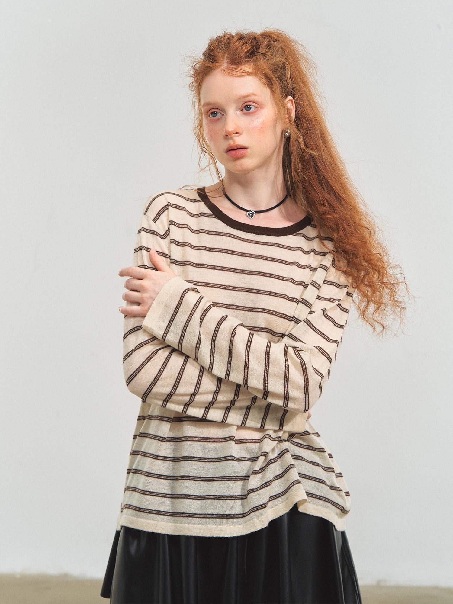 SOMESOWE Acrylic Knit Casual Slim Fit Striped Crew Neck Women Long Sleeve T-Shirts