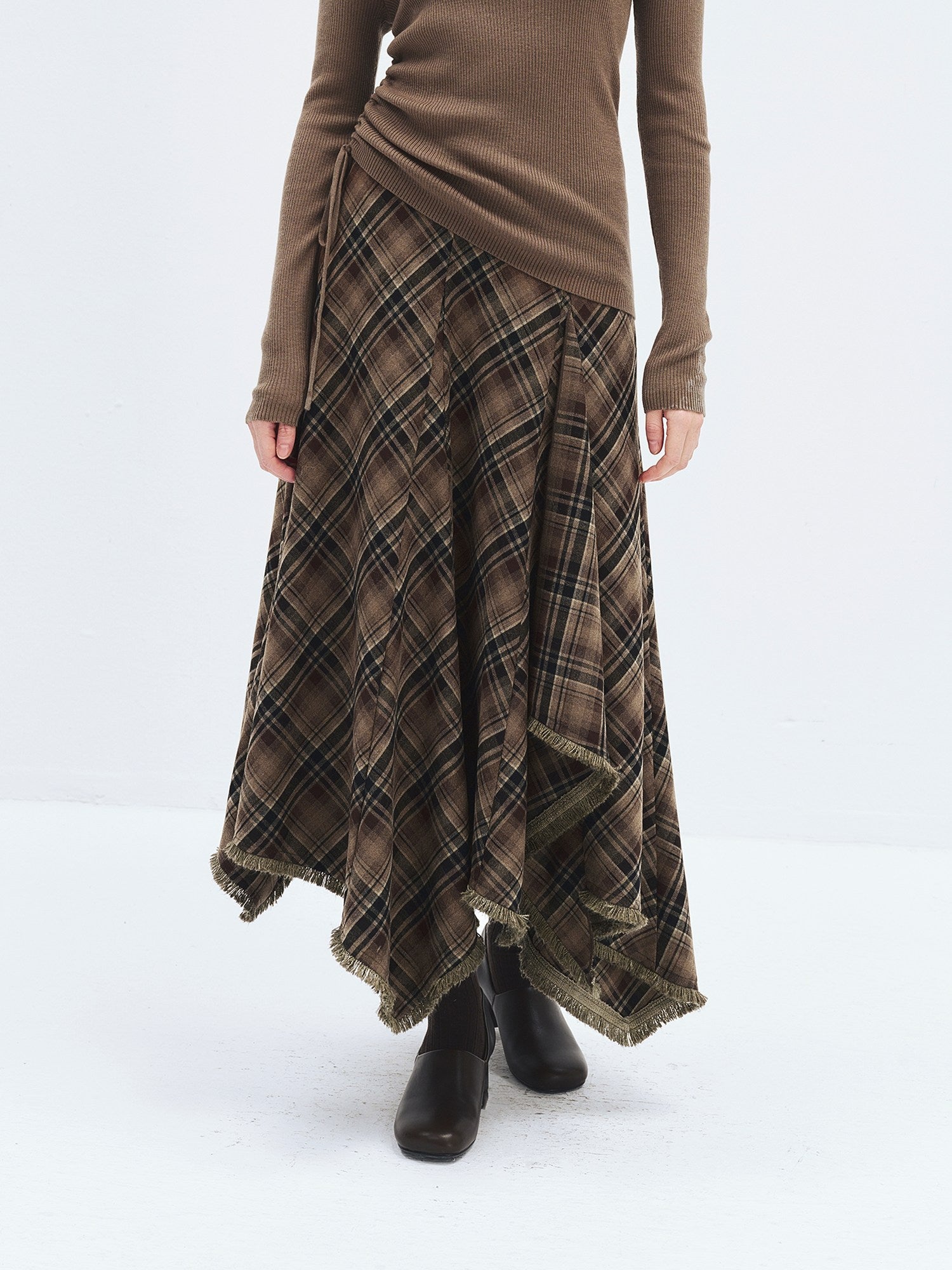 someonesometimes High Waist Vintage Irregular Hem Loose Fit Olive Check Casual Women Maxi Skirts