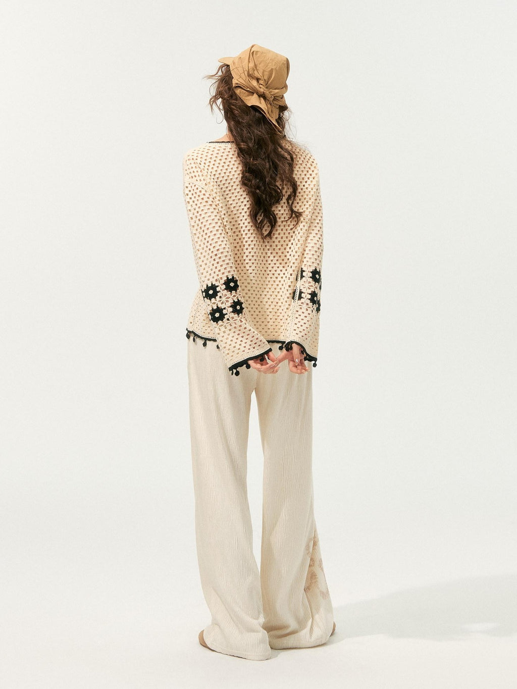 SOMESOWE Soft Acrylic Loose Openwork Knit Pullover Women Casual Round Neck Beige Sweaters
