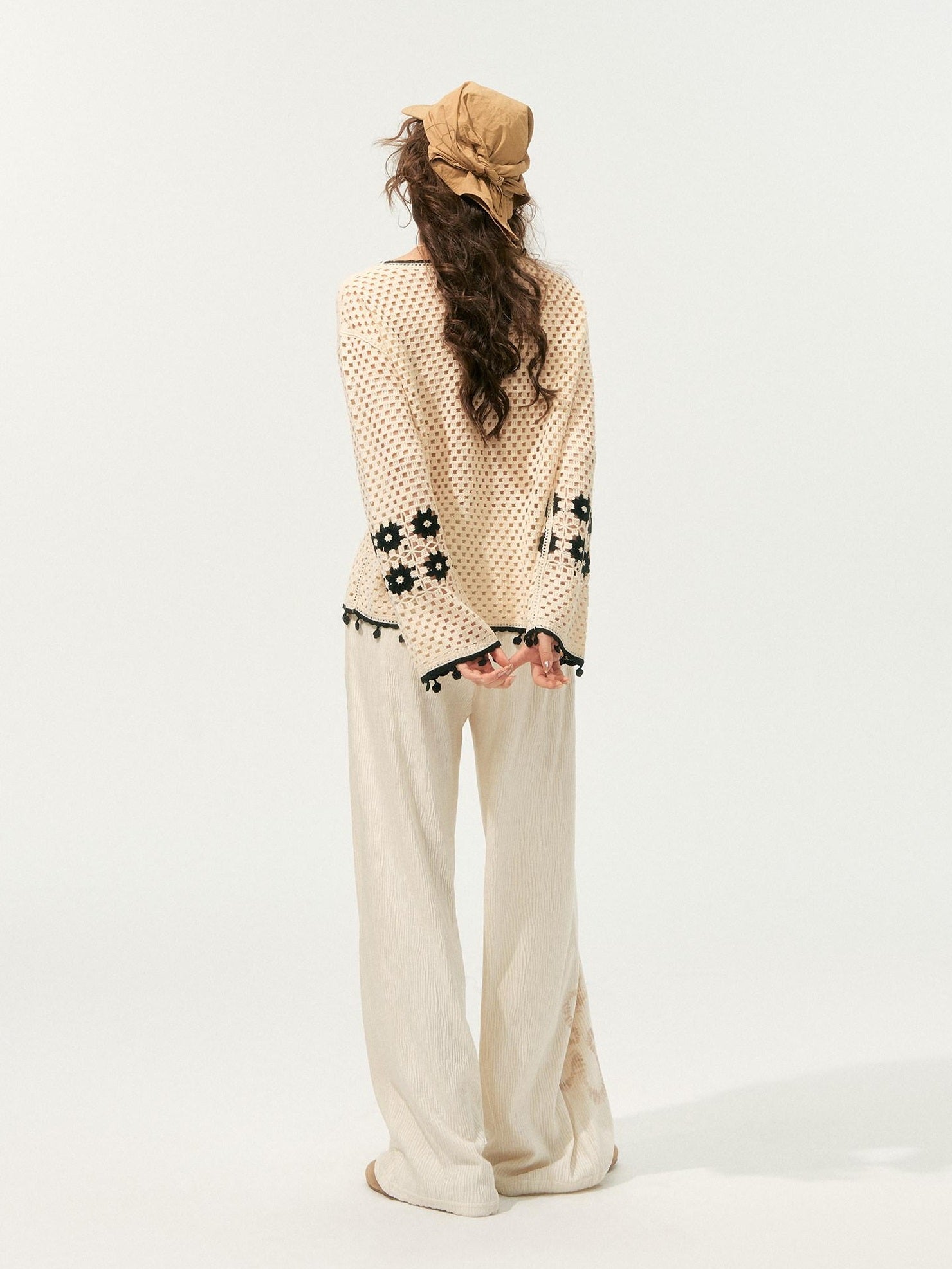 SOMESOWE Soft Acrylic Loose Openwork Knit Pullover Women Casual Round Neck Beige Sweaters