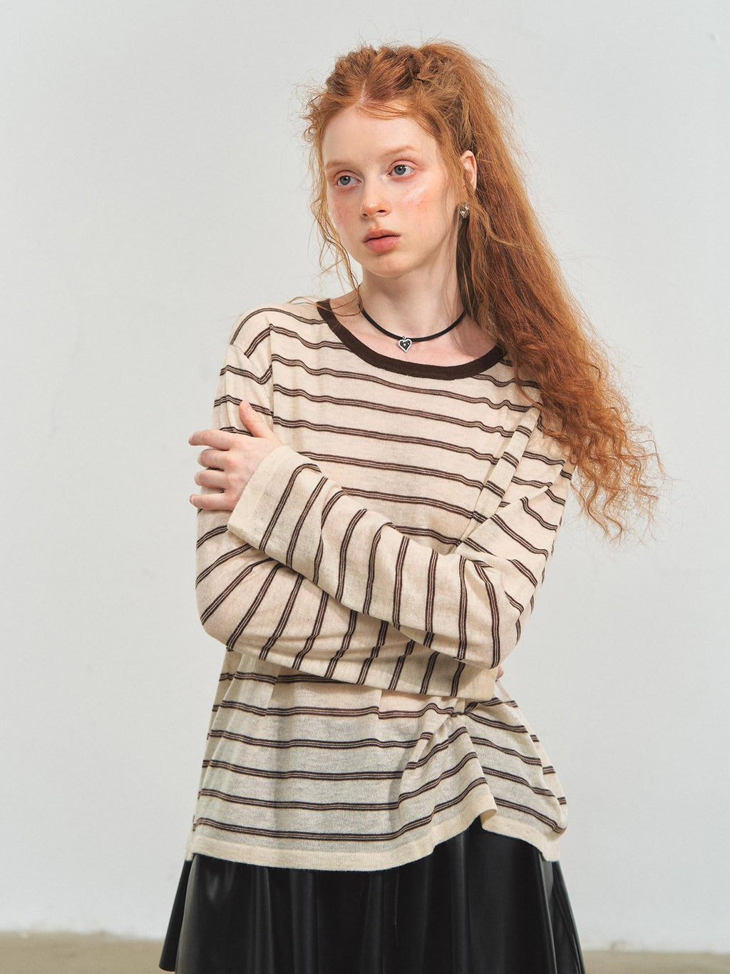 SOMESOWE Acrylic Knit Casual Slim Fit Striped Crew Neck Women Long Sleeve T-Shirts