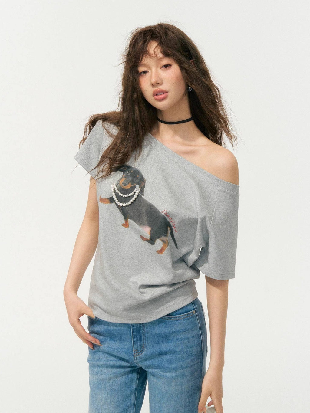 SOMESOWE Stretch Cotton Oversized Asymmetric Neck Animal Embroidered Short Sleeve T-Shirts