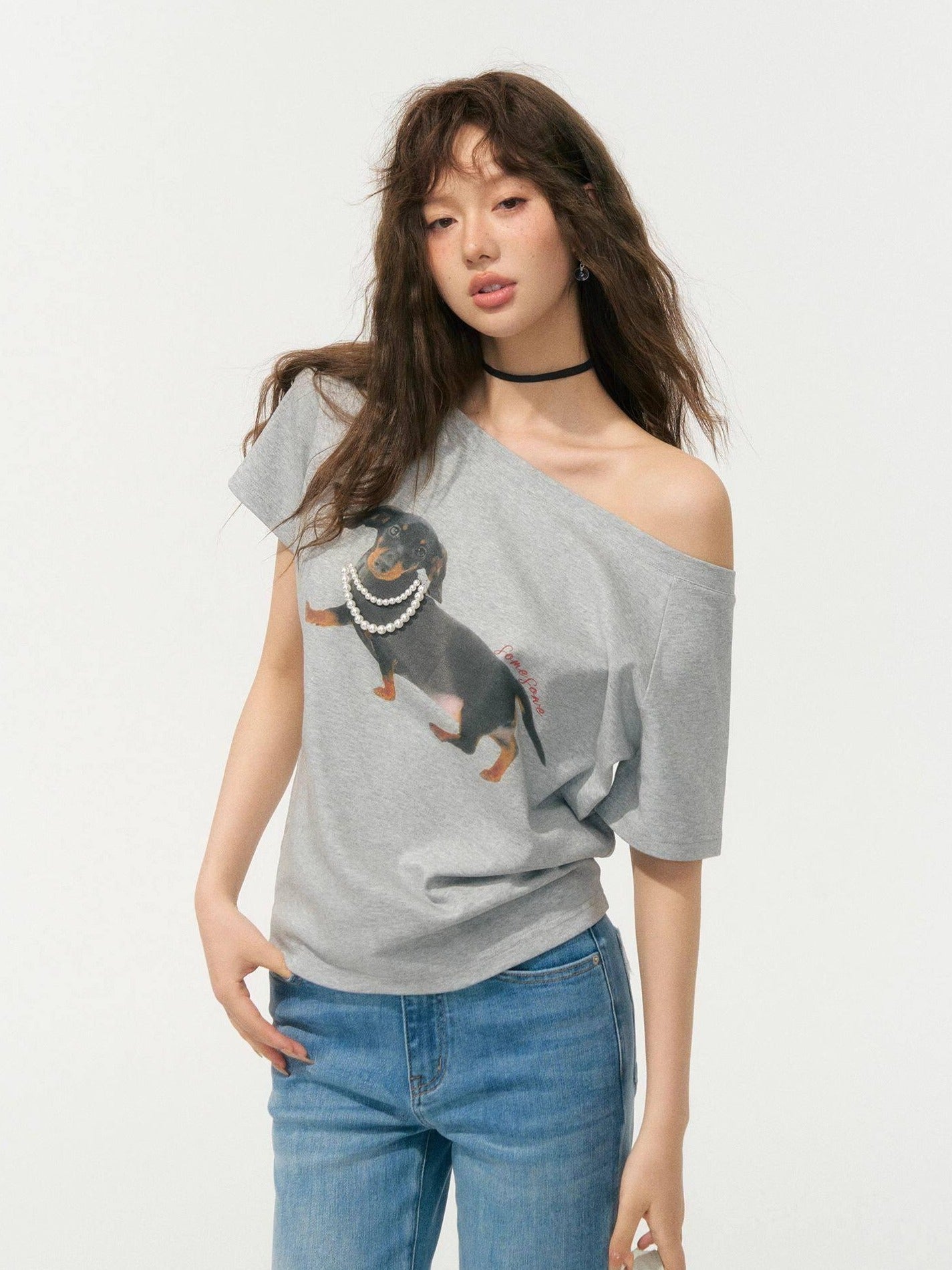 SOMESOWE Stretch Cotton Oversized Asymmetric Neck Animal Embroidered Short Sleeve T-Shirts