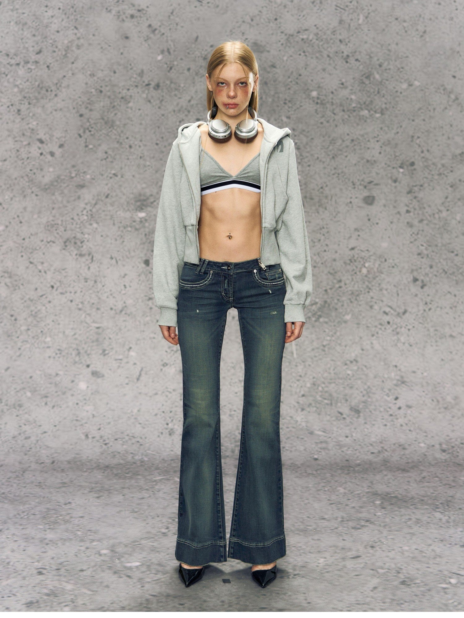 DeleteEx Soft Cotton Blend Zip Up Slim Cropped Street Style Women Solid Grey Blue Hoodie