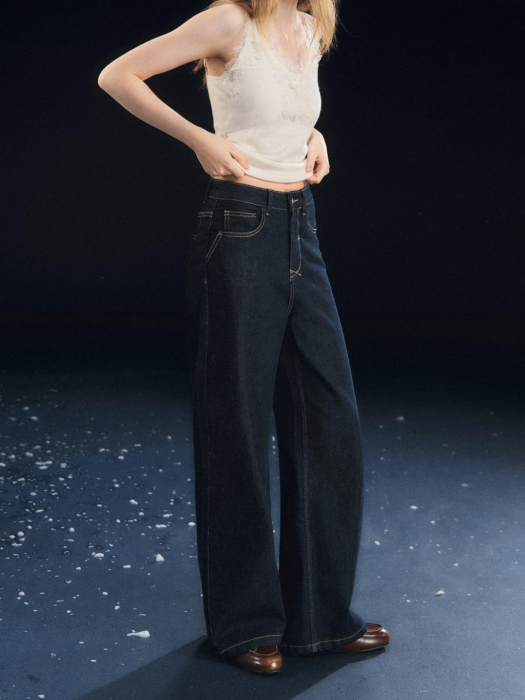 SOMESOWE High Rise Stretch Pleated Pocket Women Dark Cotton Denim Straight Leg Jeans