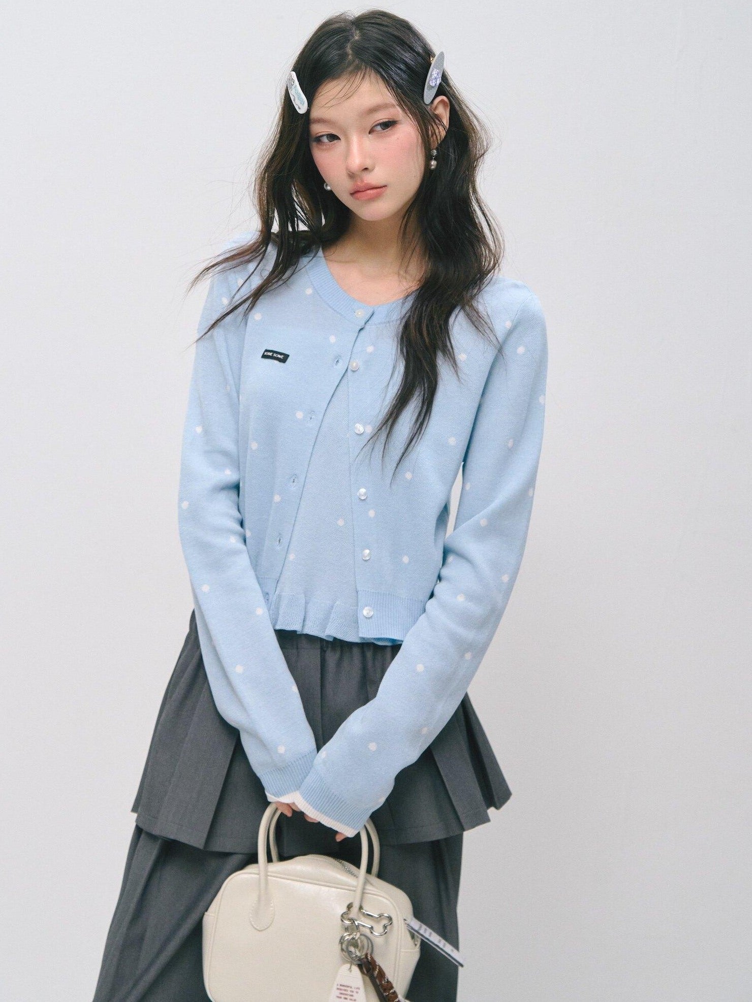 SOMESOWE Ruffle Collared Cardigan Long Sleeve Loose Fit Women Blue Top & Skirt Sets