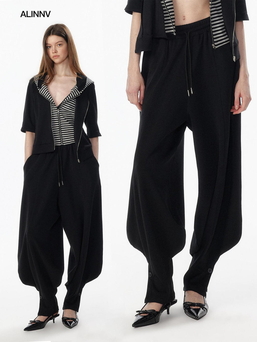 ALINNVSTUDIO Breathable Modal Loose Balloon Split Hem Natural Waist Women Black Sweatpants