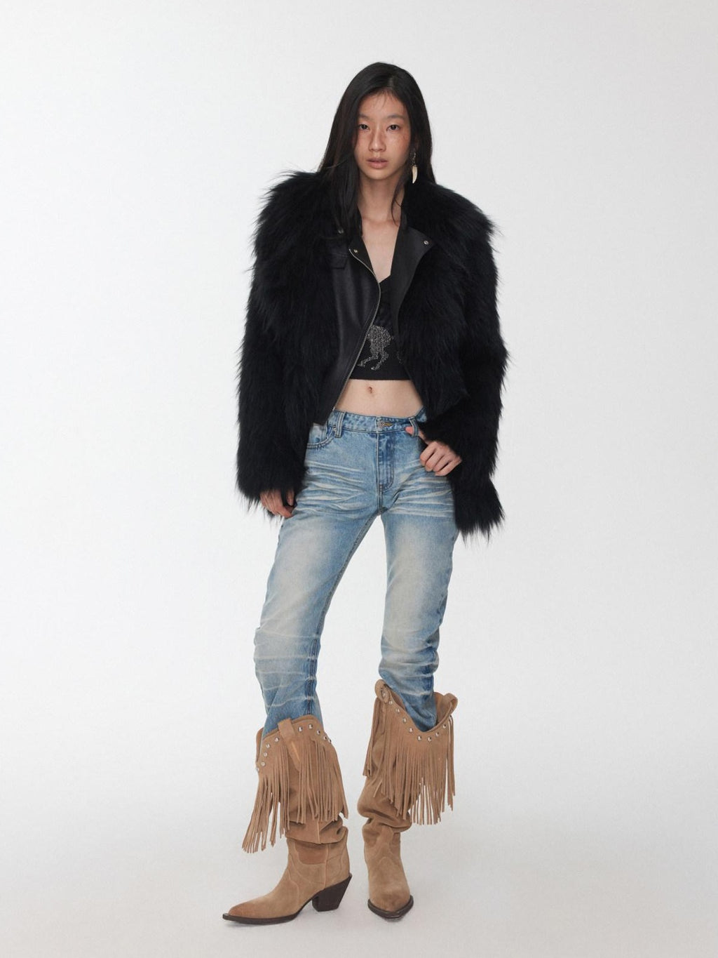 1JINN STUDIO Cozy Woven Cropped Cinched Waist Lapel Long Sleeve Young Women Faux Fur Coats
