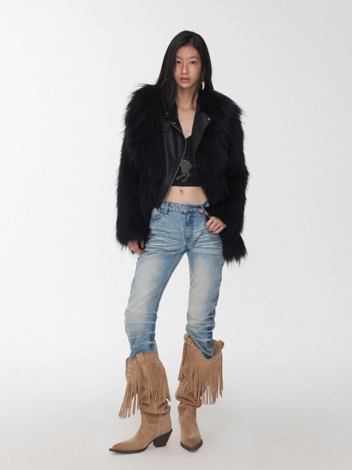 1JINN STUDIO Cozy Woven Cropped Cinched Waist Lapel Long Sleeve Young Women Faux Fur Coats