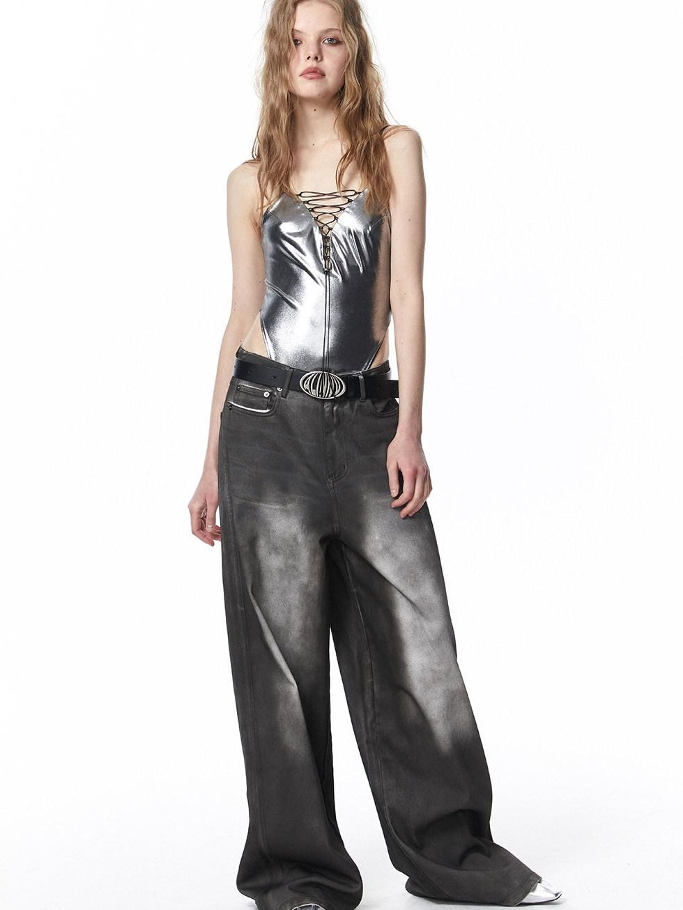 ALINNVSTUDIO Distressed Vintage Natural Waist Long Dark Gray Zip Fly Denim Wide Leg Jeans