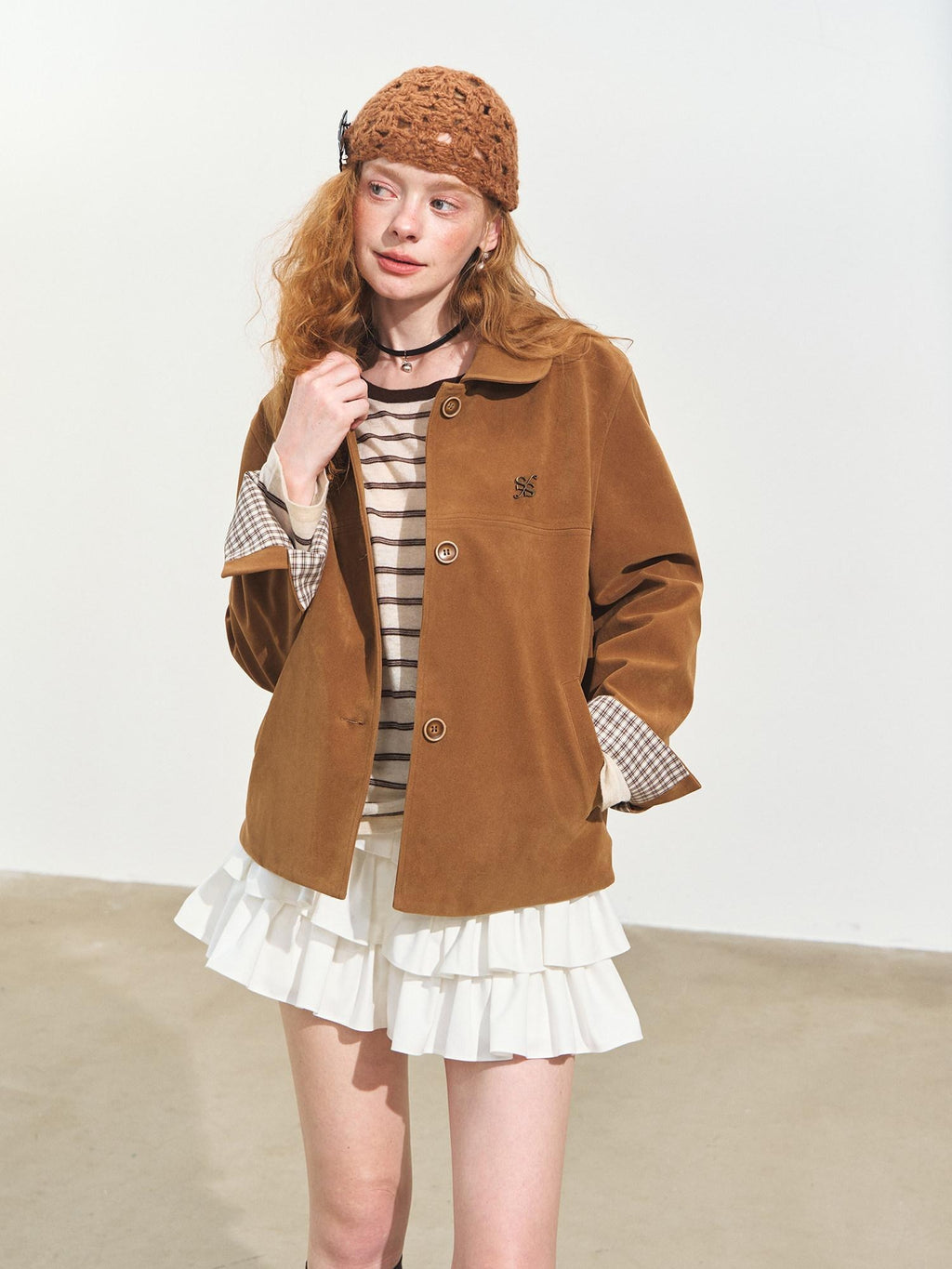 SOMESOWE Pu Leather Casual Loose Doll Collar Flap Pocket Camel Women Leather Jackets