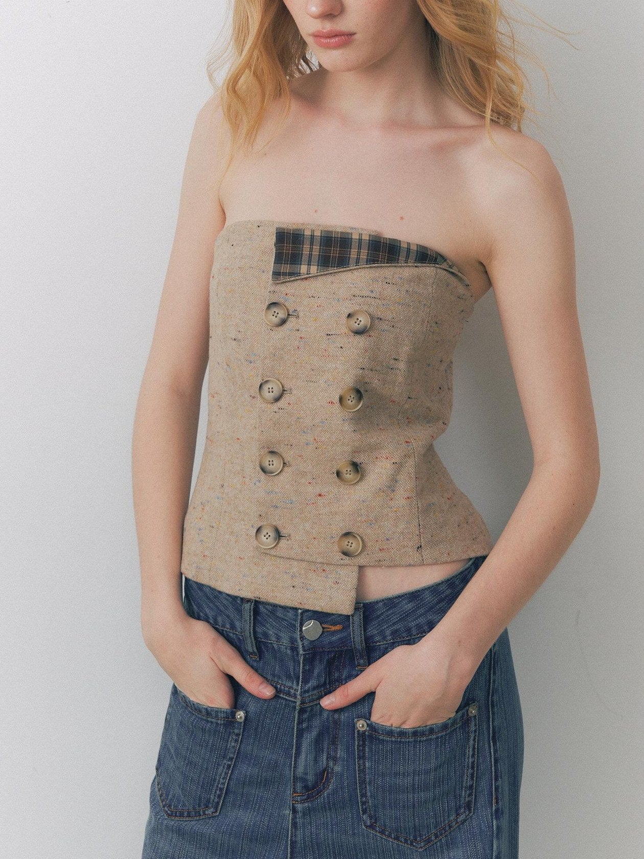 DeleteEx Plaid Patchwork Slim Fit Cropped Original Design Women Light Camel Tube Tops