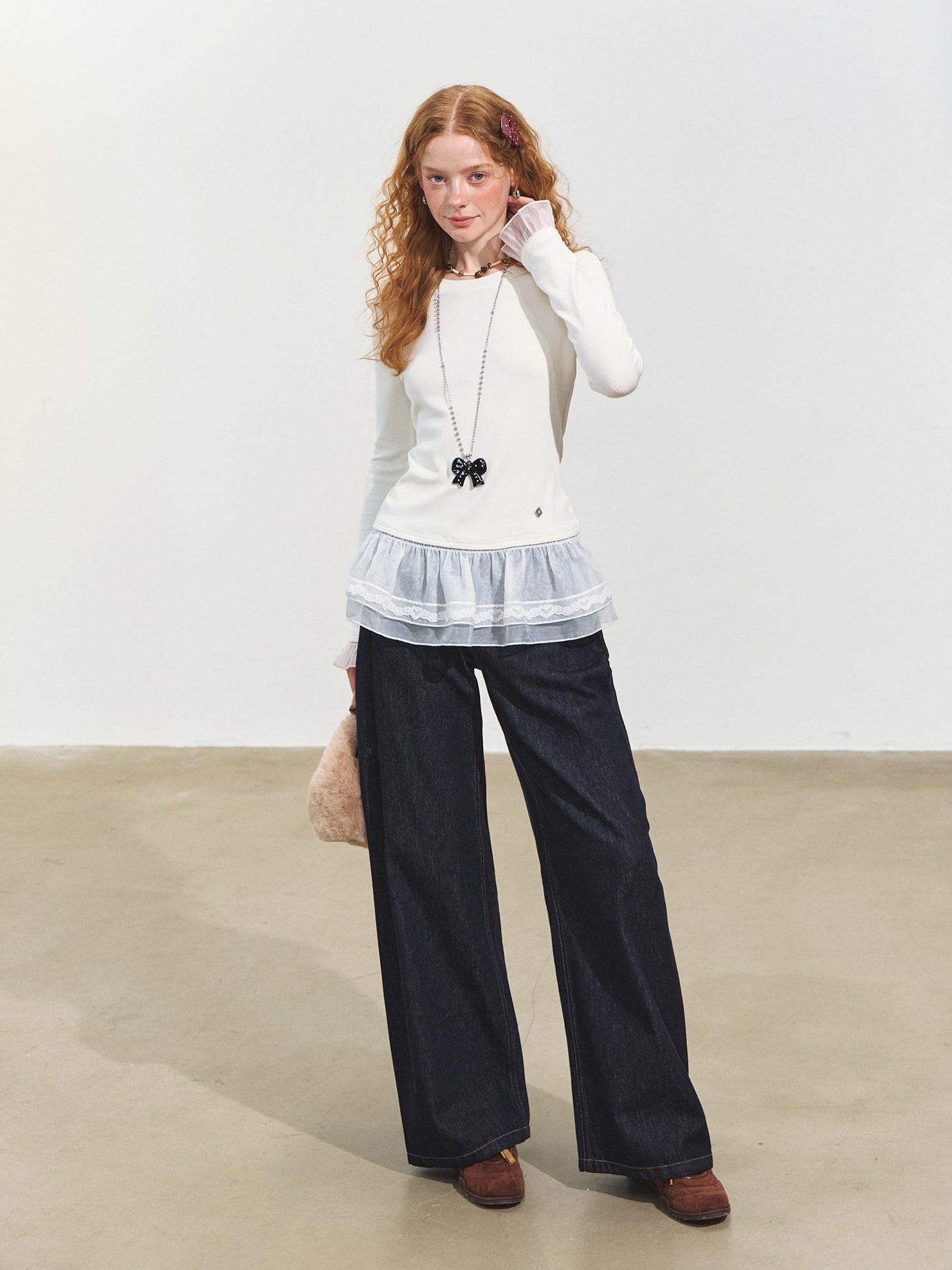 SOMESOWE Pleated Casual Natural Waist Loose Cotton Pocket Zip Blue Women Wide Leg Jeans