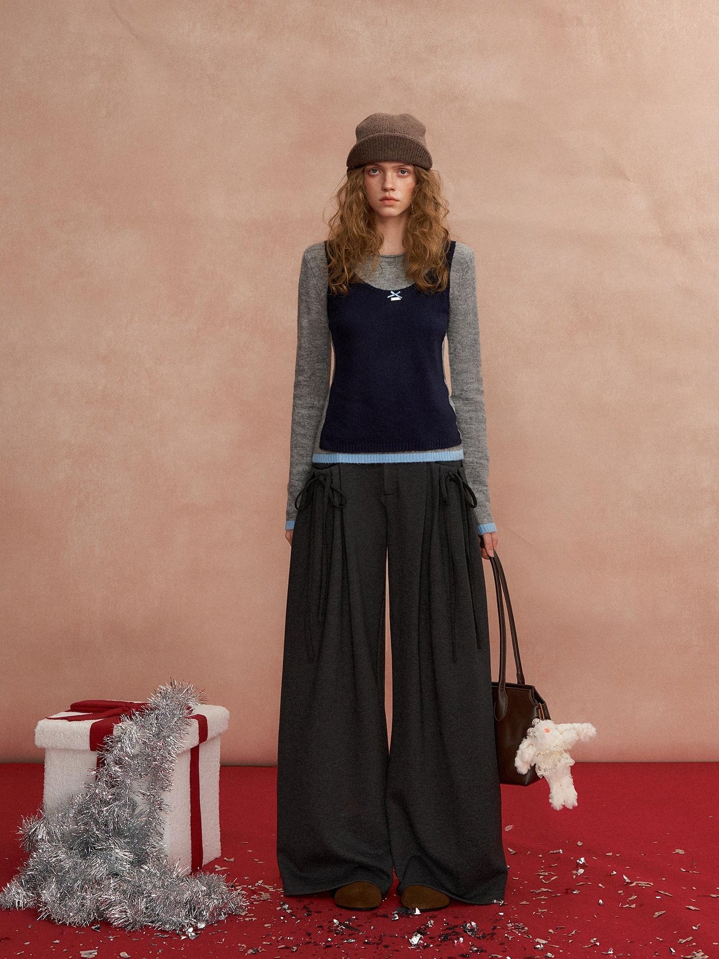 SOMESOWE Pleated Pockets Bow Print Natural Waist Casual Women Wide Leg Pants