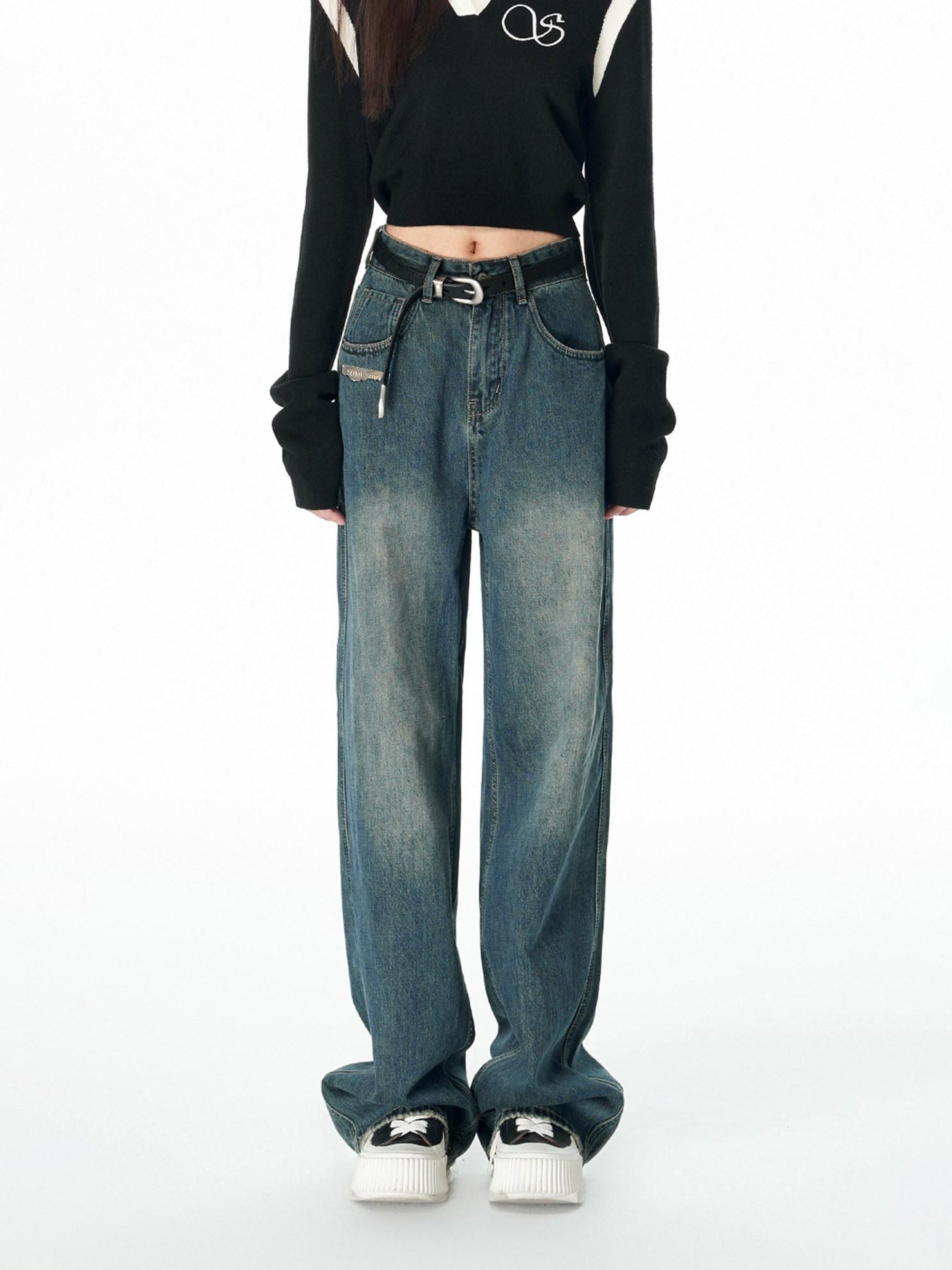 SOMESOWE Cotton Slight Stretch Unisex Loose Natural Waist Washed Blue Wide Leg Jeans