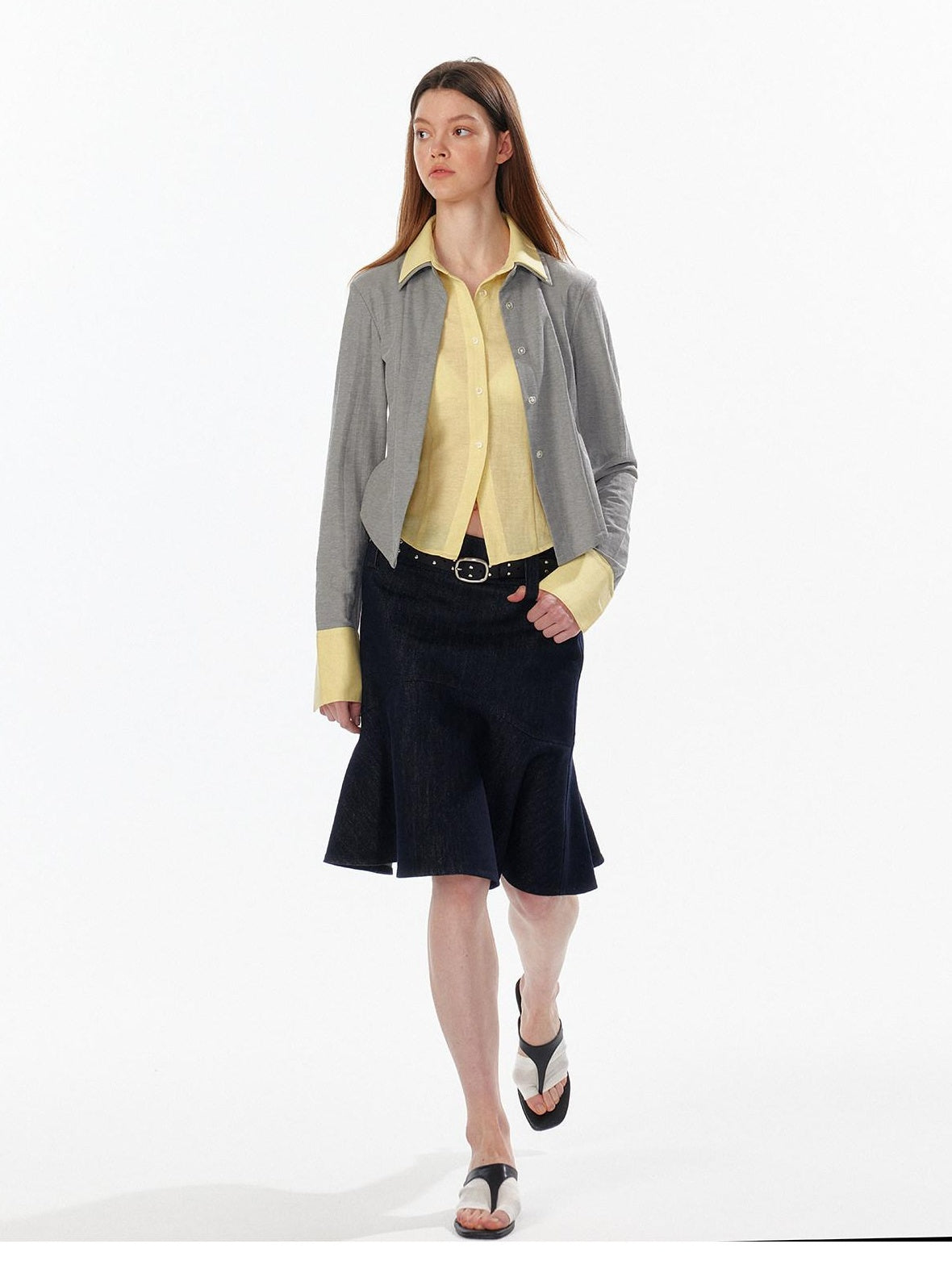 ALINNVSTUDIO Colorblock Faux Layered Slim Waist Cropped Cardigan Longsleeve Womens Shirts