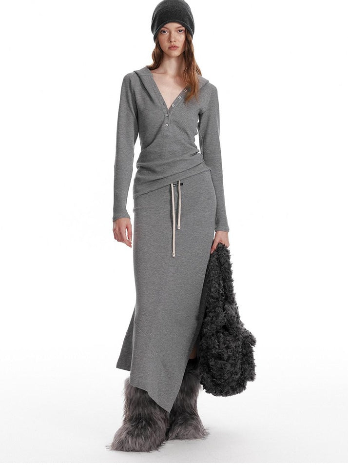 ALINNVSTUDIO Cozy Hooded Long Sleeve Button Front Curved Hem Youth Gray Top & Skirt Sets