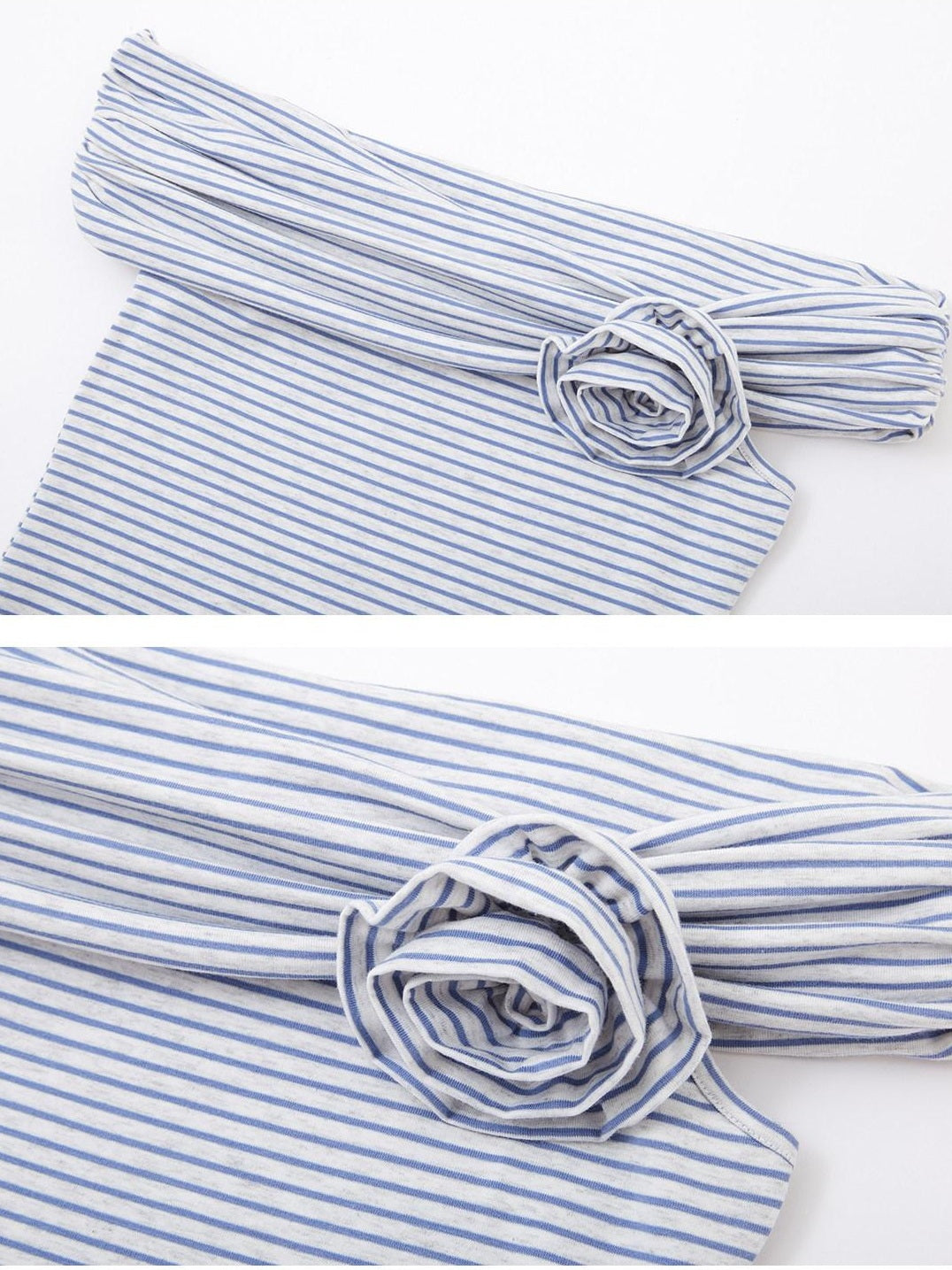 SOMESOWE Stretch Cotton Slim Cropped Bardot Blue White Striped Short Sleeve T-Shirts